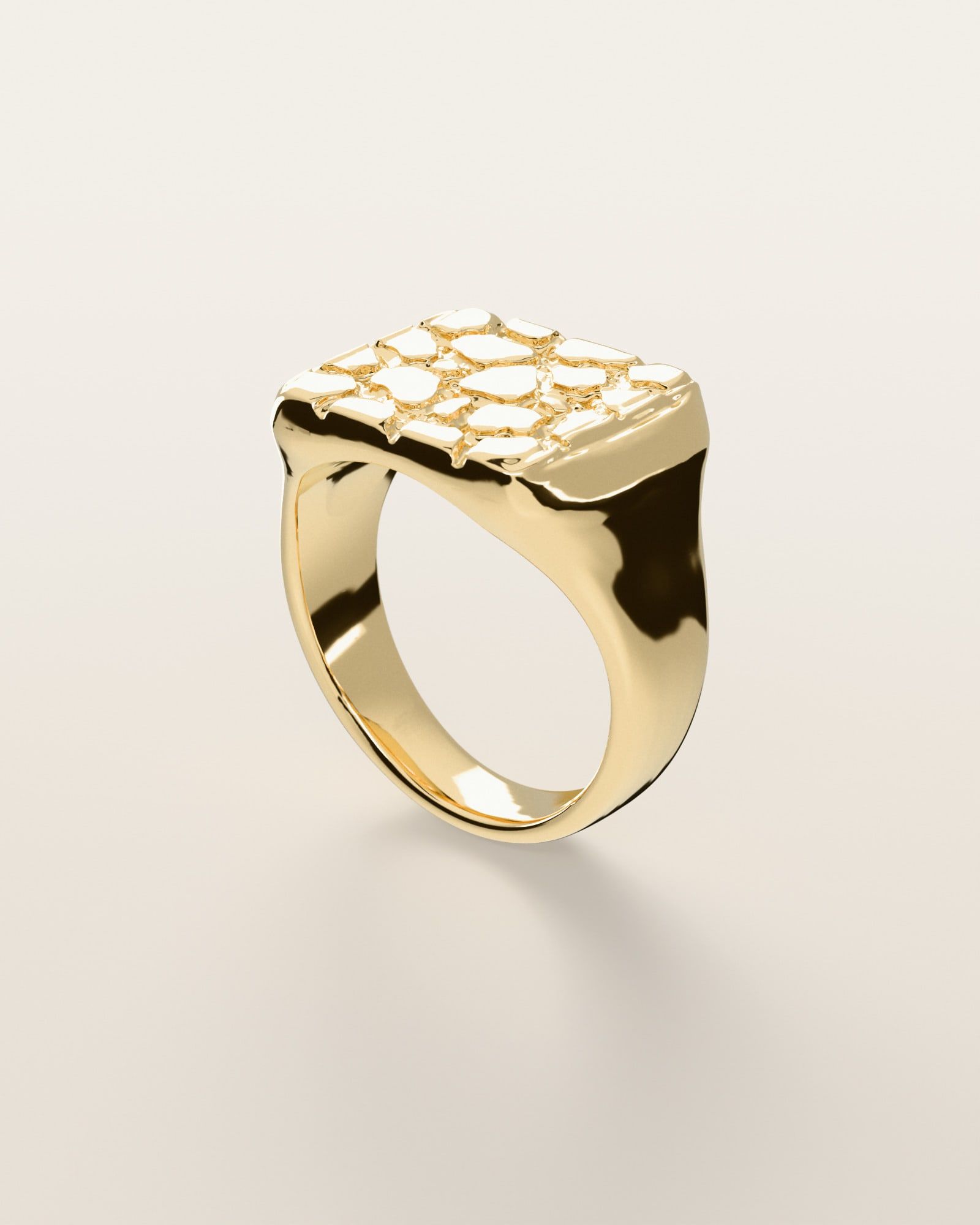 No. 401 Signet L nugget ring, three-quarter view, 14K yellow gold, rendered from the production 3D file
