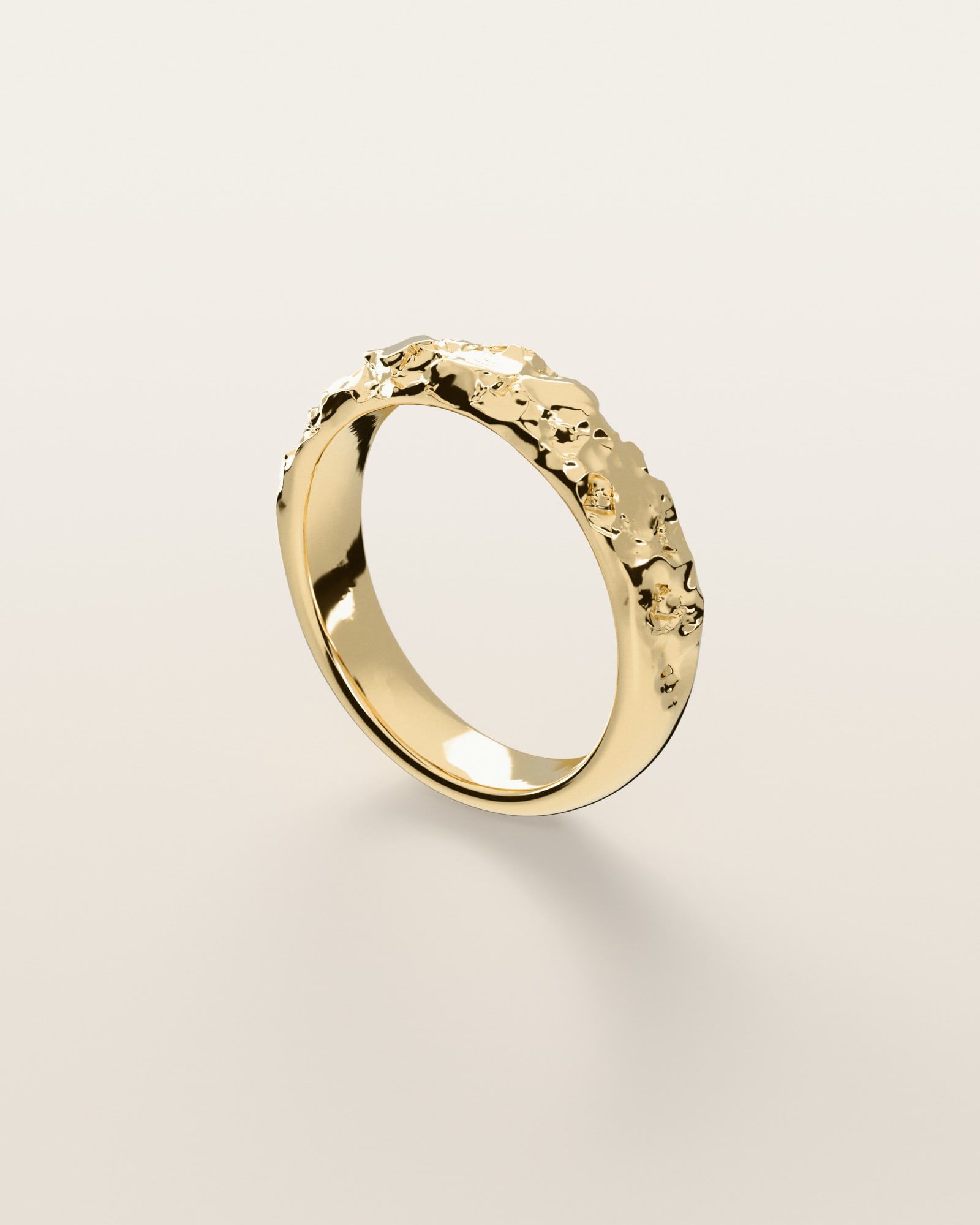 No. 024 Slim nugget ring, three-quarter view, 14K yellow gold, rendered from the production 3D file
