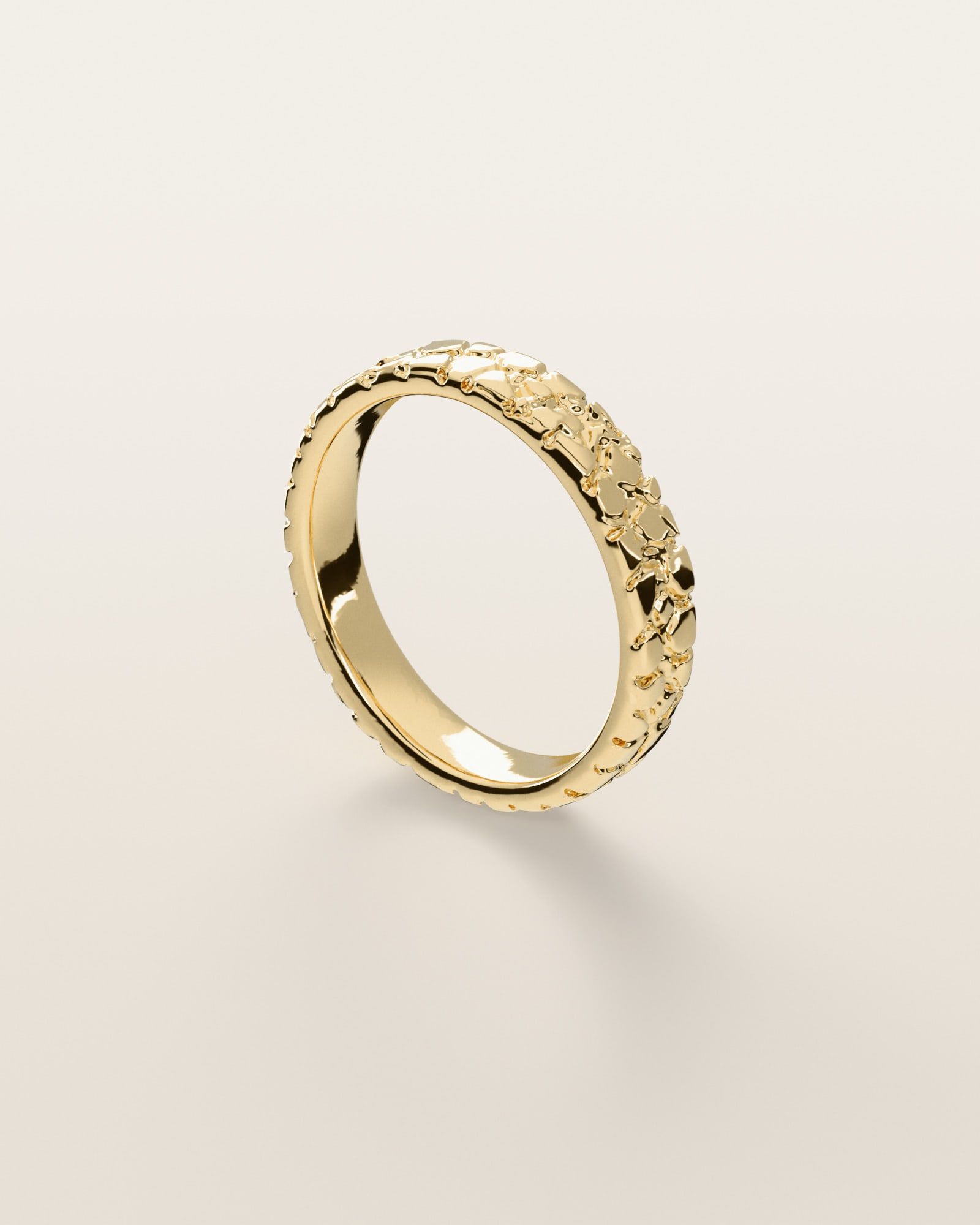 No. 407 Stack Band nugget ring, three-quarter view, 14K yellow gold, rendered from the production 3D file