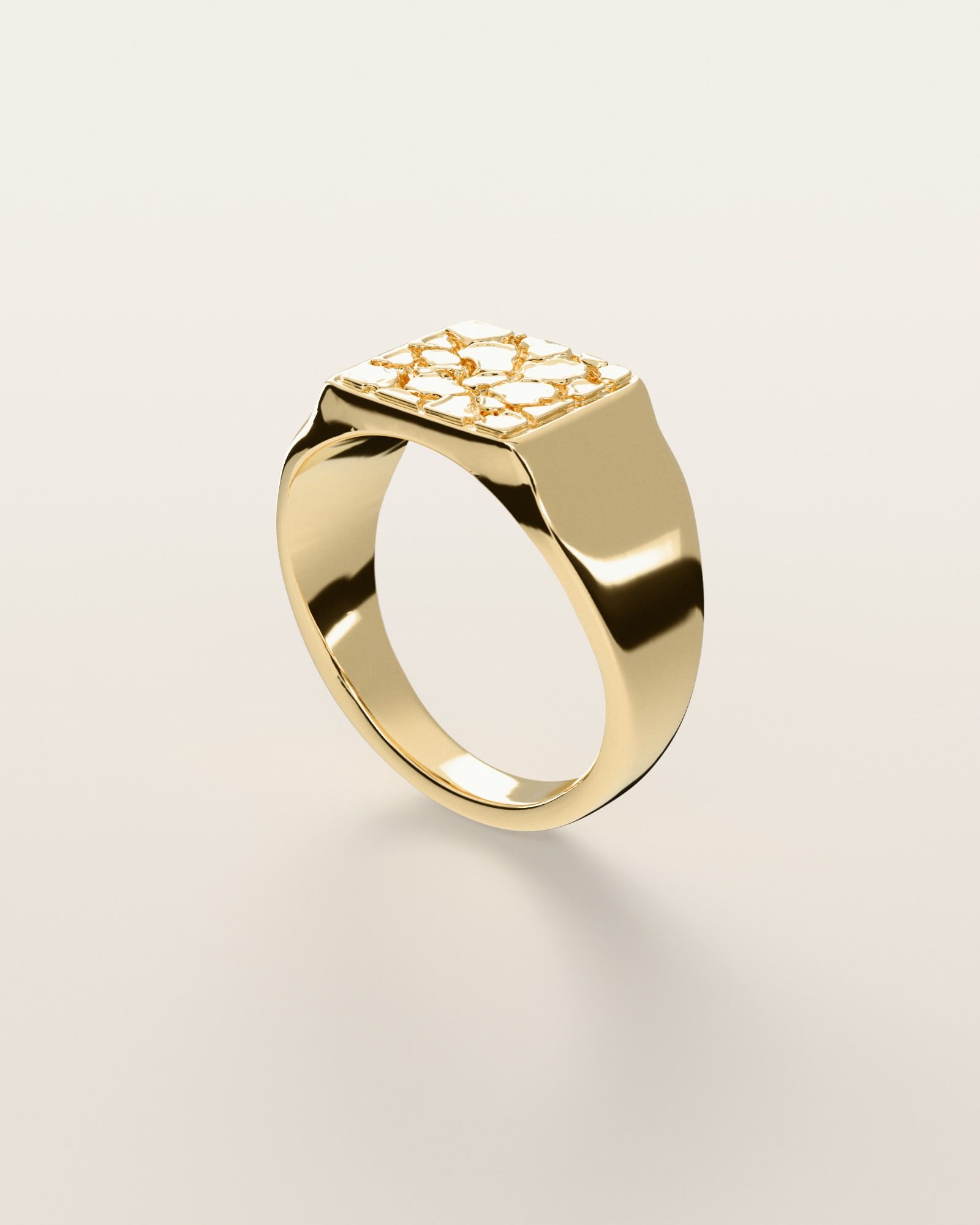 No. 409 Signet M nugget ring, three-quarter view, 14K yellow gold, rendered from the production 3D file