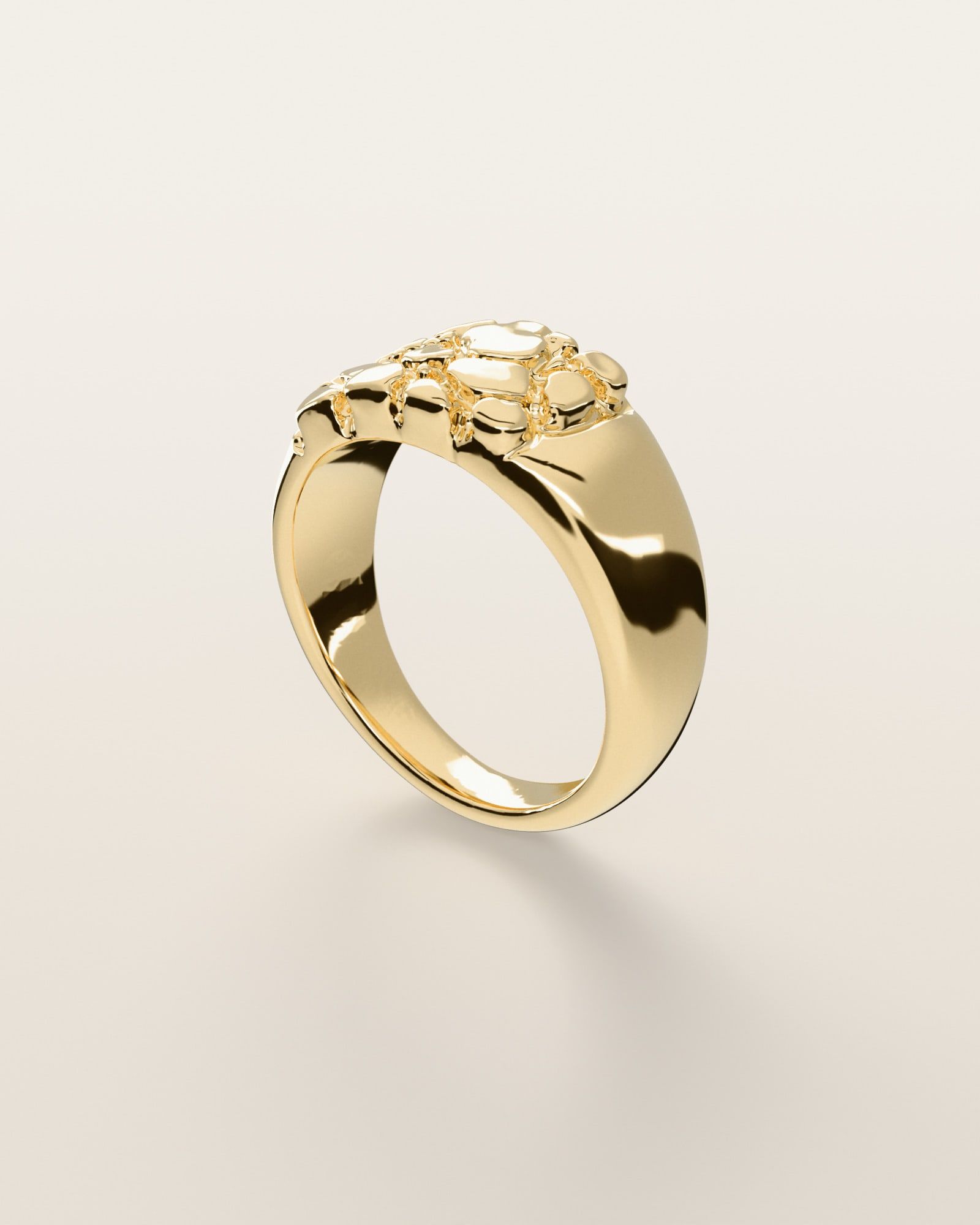 No. 513 Offset nugget ring, three-quarter view, 14K yellow gold, rendered from the production 3D file