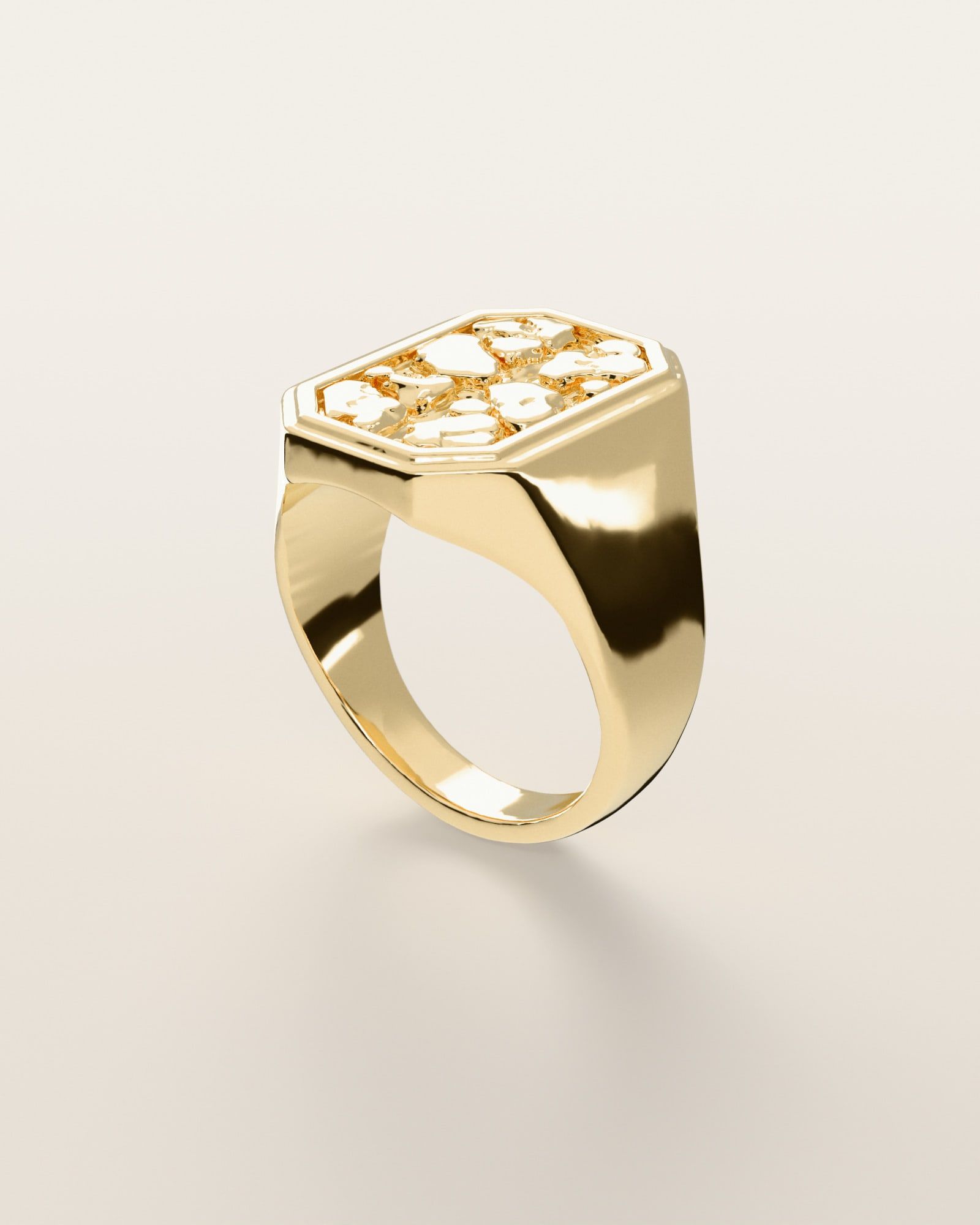 No. 504 Monolith nugget ring, three-quarter view, 14K yellow gold, rendered from the production 3D file