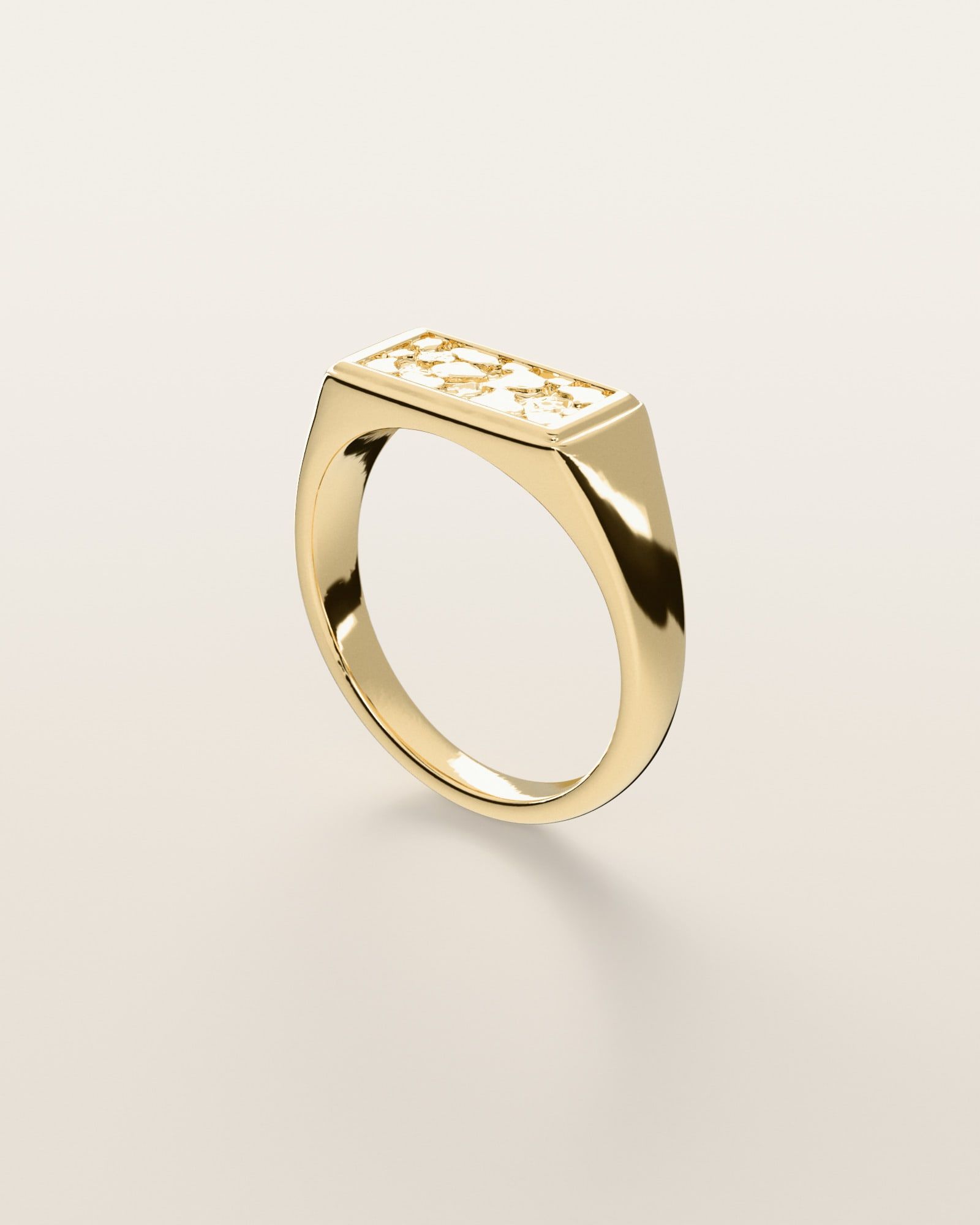 No. 533 Ingot nugget ring, three-quarter view, 14K yellow gold, rendered from the production 3D file