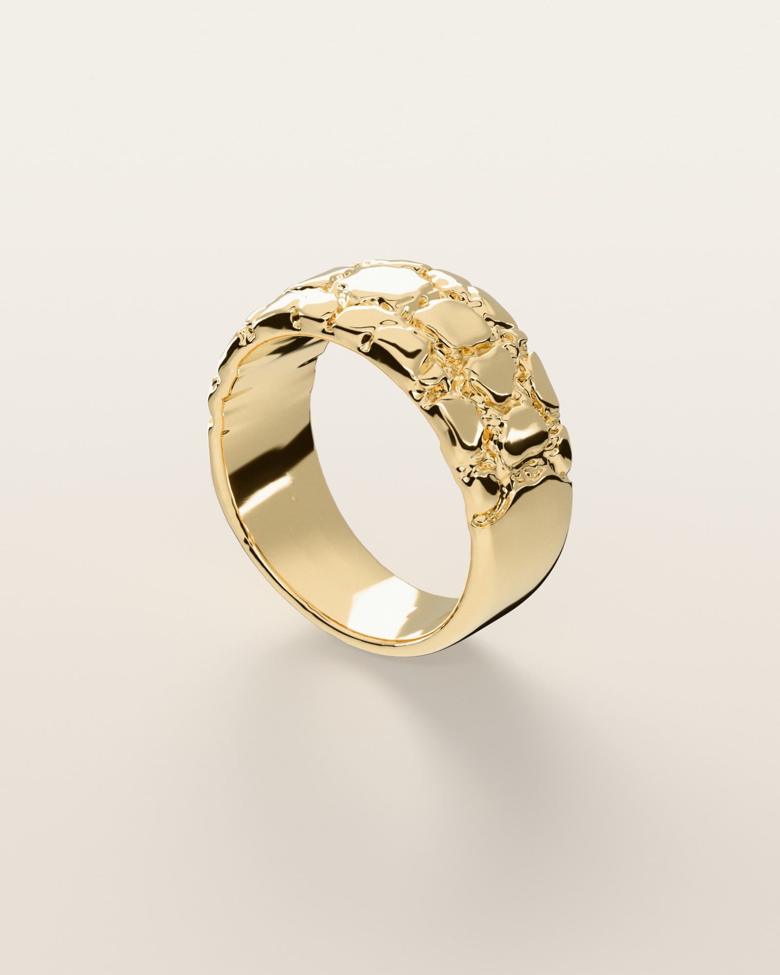 No. 507 Riverbed nugget ring, three-quarter view, 14K yellow gold, rendered from the production 3D file