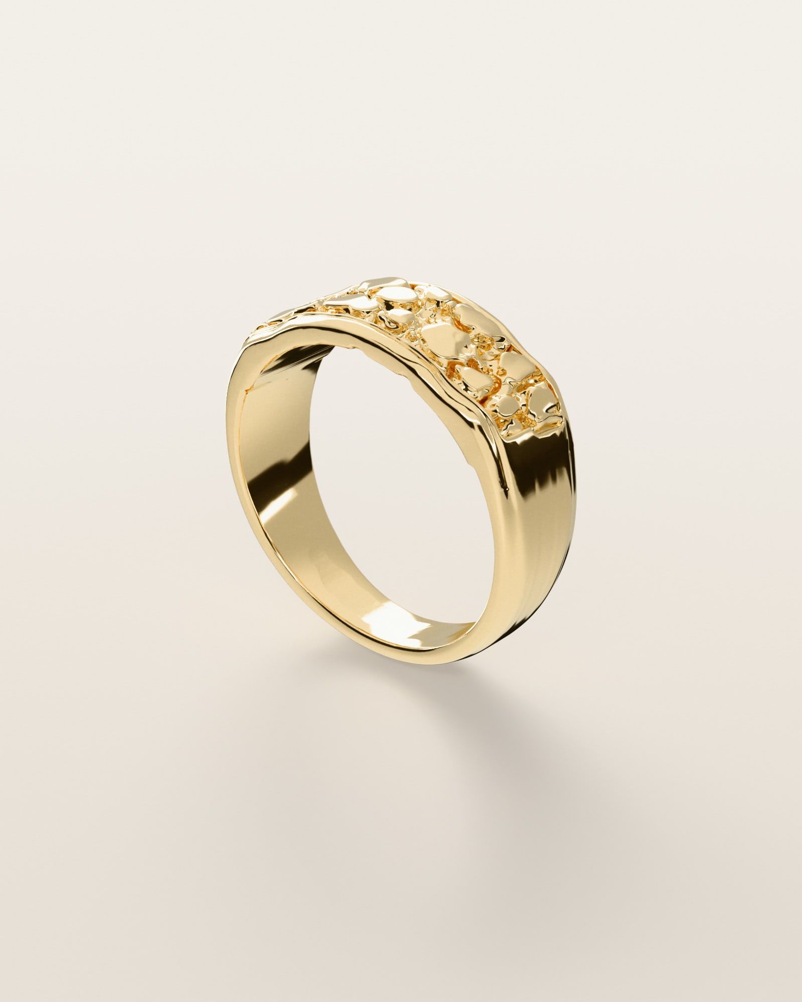 No. 509 Ledge nugget ring, three-quarter view, 14K yellow gold, rendered from the production 3D file
