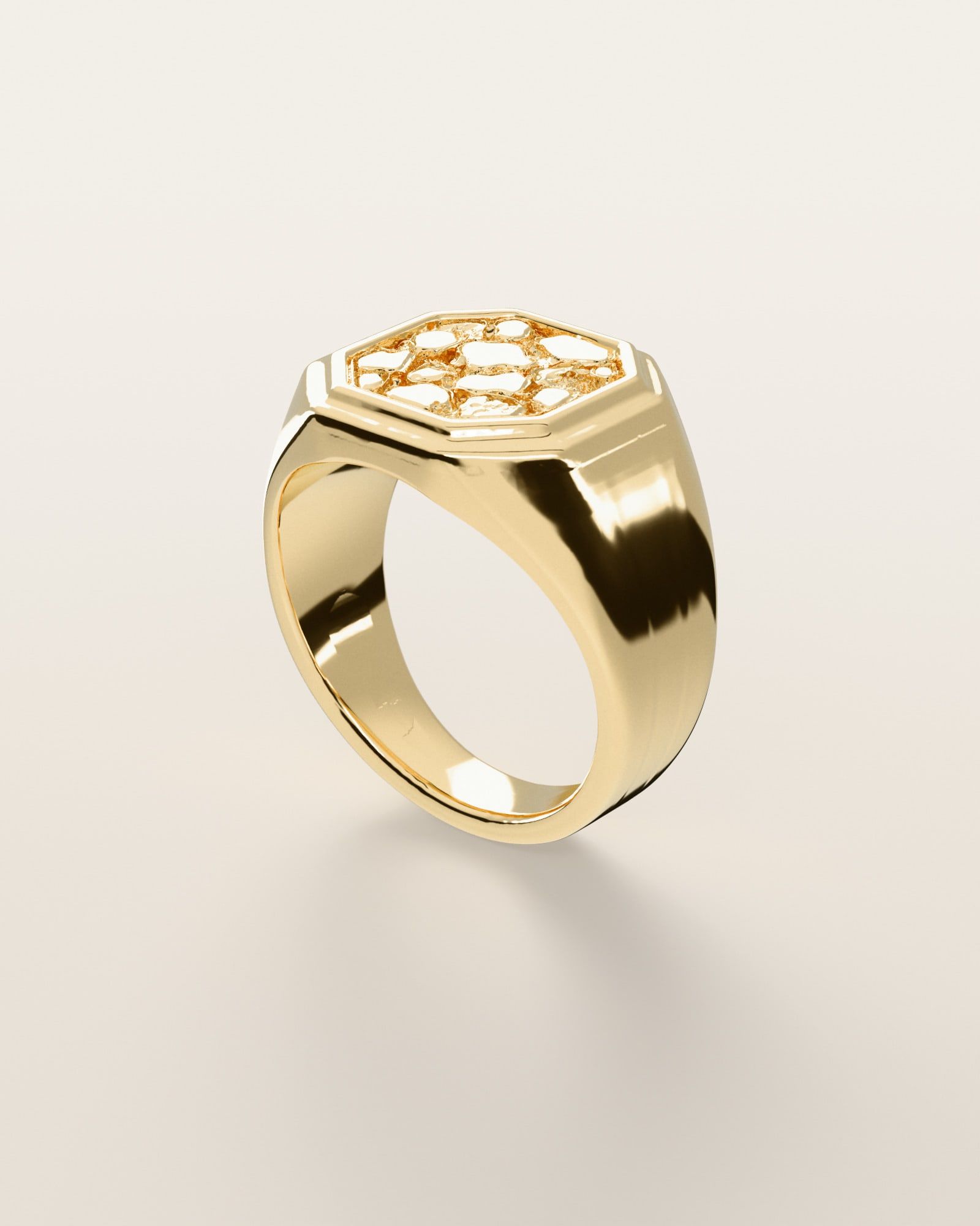 No. 531 Octagon nugget ring, three-quarter view, 14K yellow gold, rendered from the production 3D file