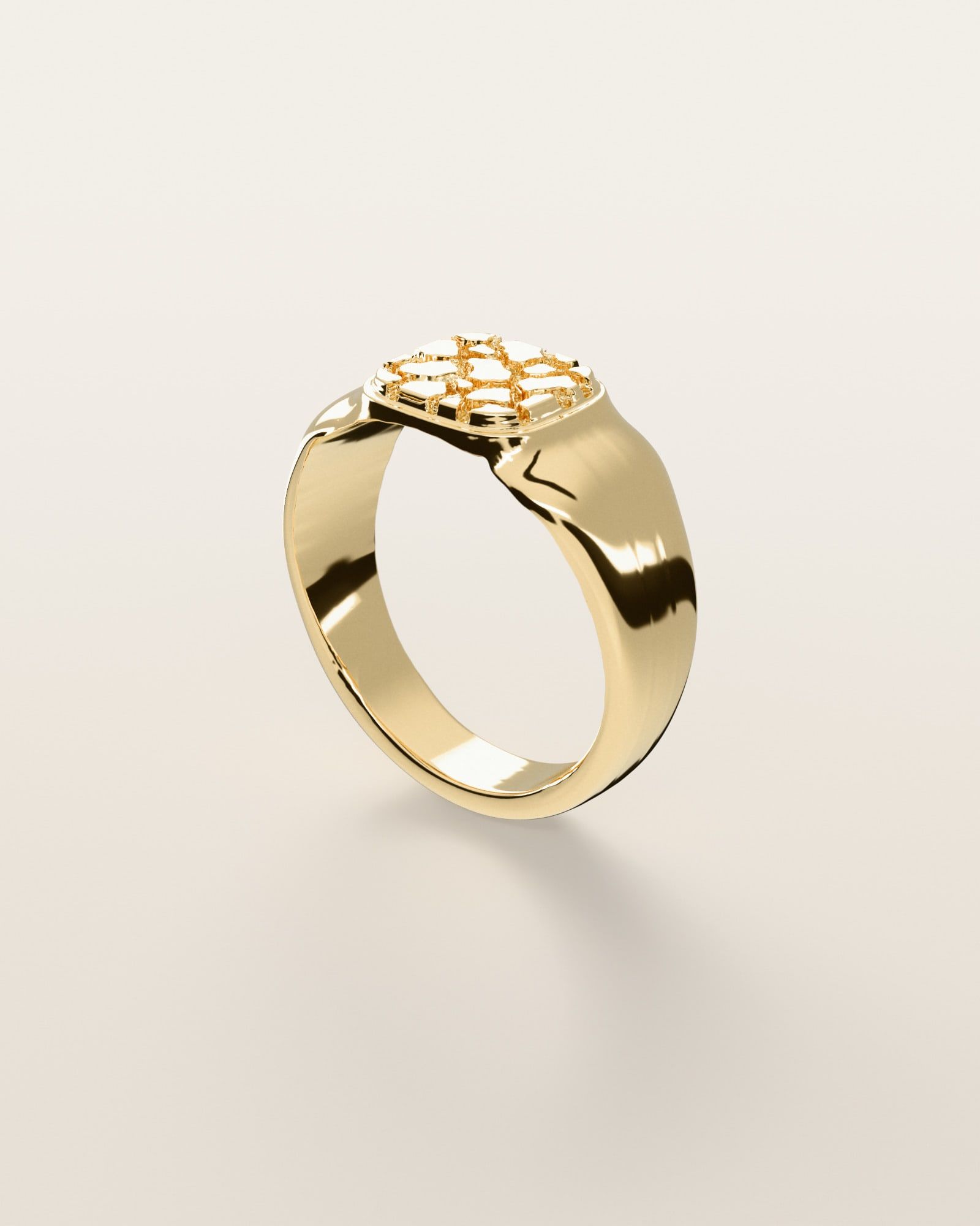 No. 405 Pinky nugget ring, three-quarter view, 14K yellow gold, rendered from the production 3D file
