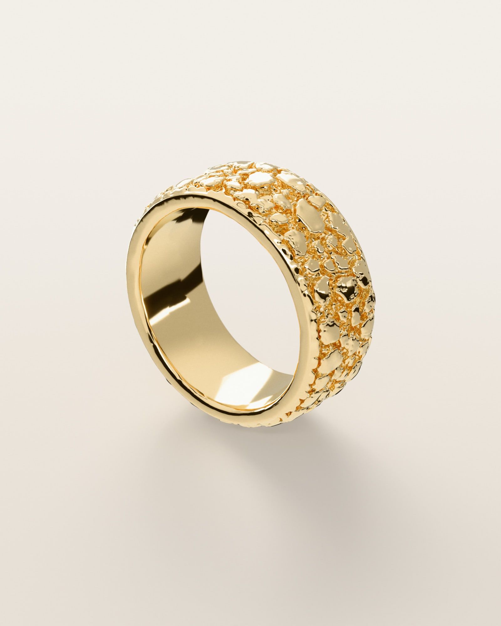 No. 508 Placer nugget ring, three-quarter view, 14K yellow gold, rendered from the production 3D file