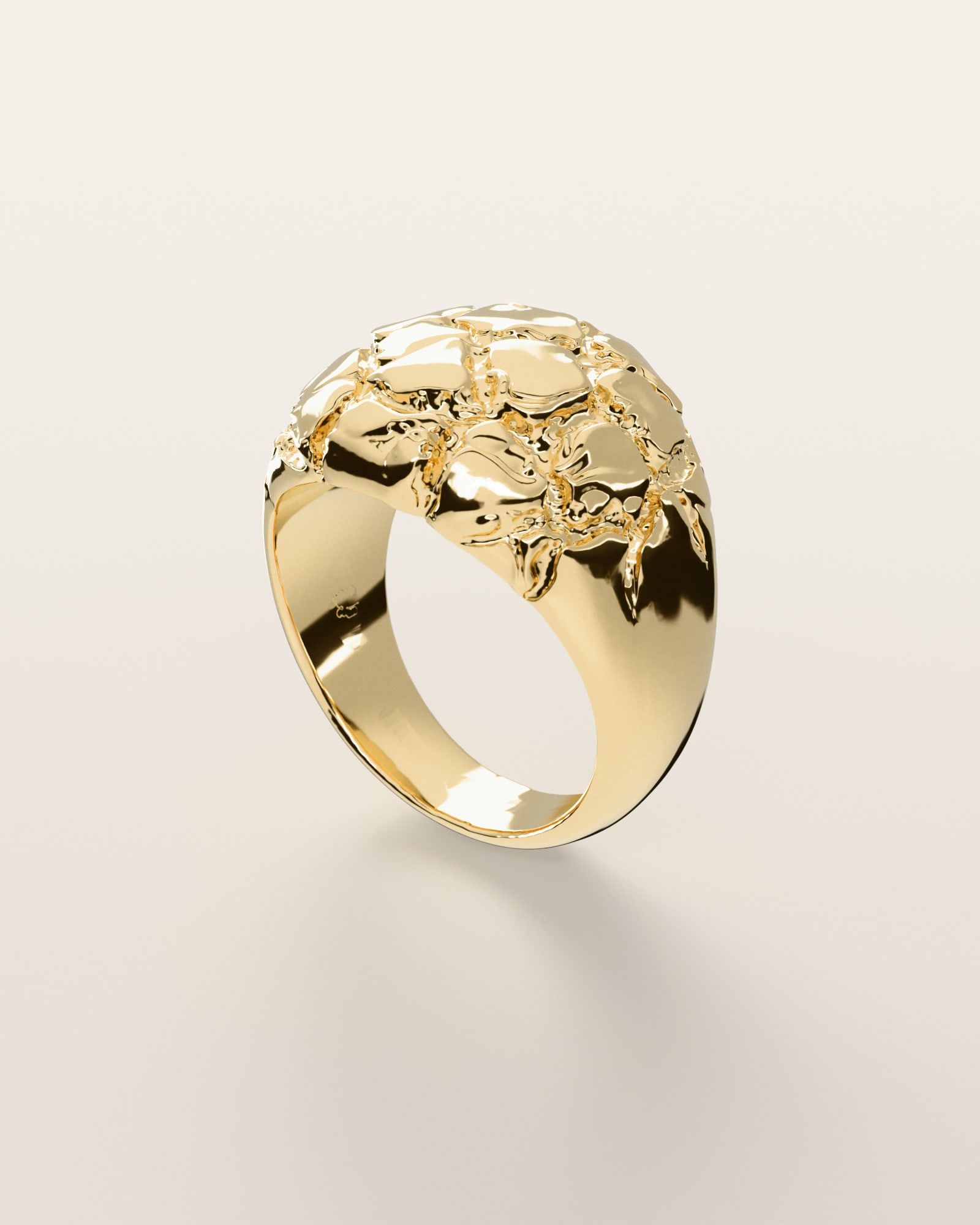 No. 503 Boulder nugget ring, three-quarter view, 14K yellow gold, rendered from the production 3D file