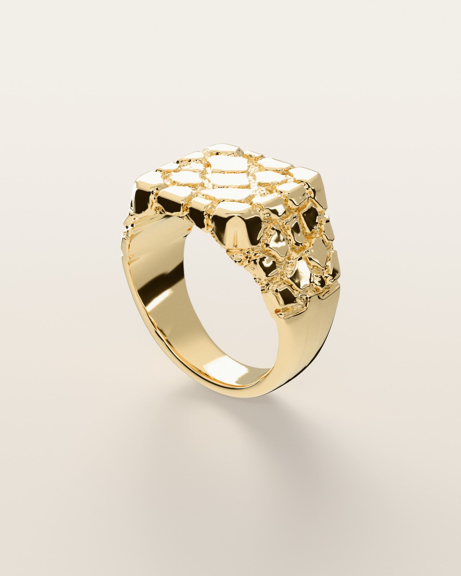 No. 408 Statement XL nugget ring, three-quarter view, 14K yellow gold, rendered from the production 3D file