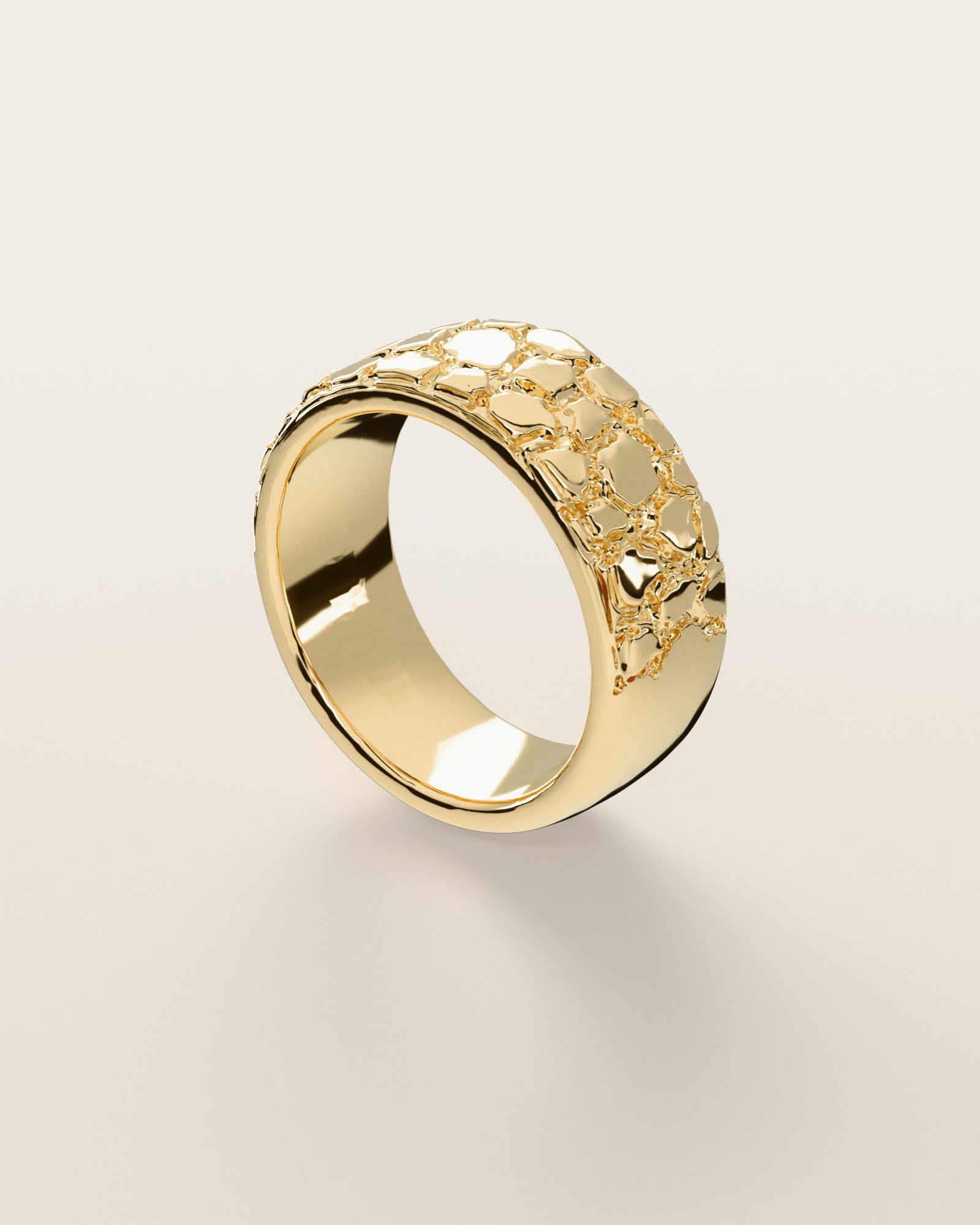 No. 514 Spill nugget ring, three-quarter view, 14K yellow gold, rendered from the production 3D file