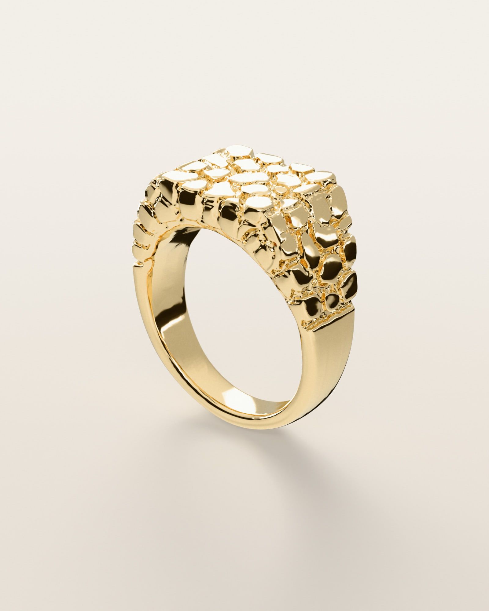 No. 406 Wide Face nugget ring, three-quarter view, 14K yellow gold, rendered from the production 3D file