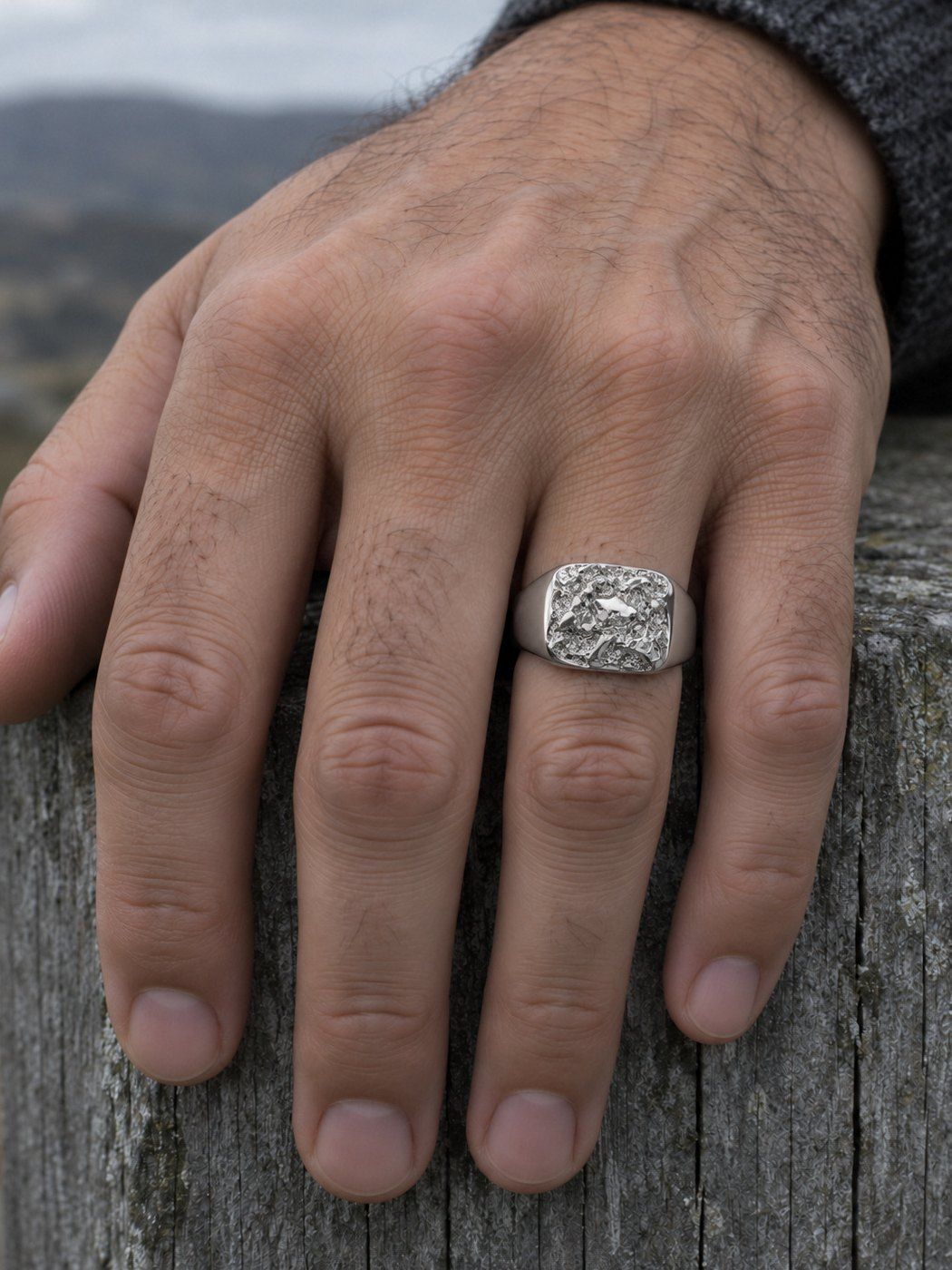 The Block No. 014 in sterling silver, worn, close-up on the hand