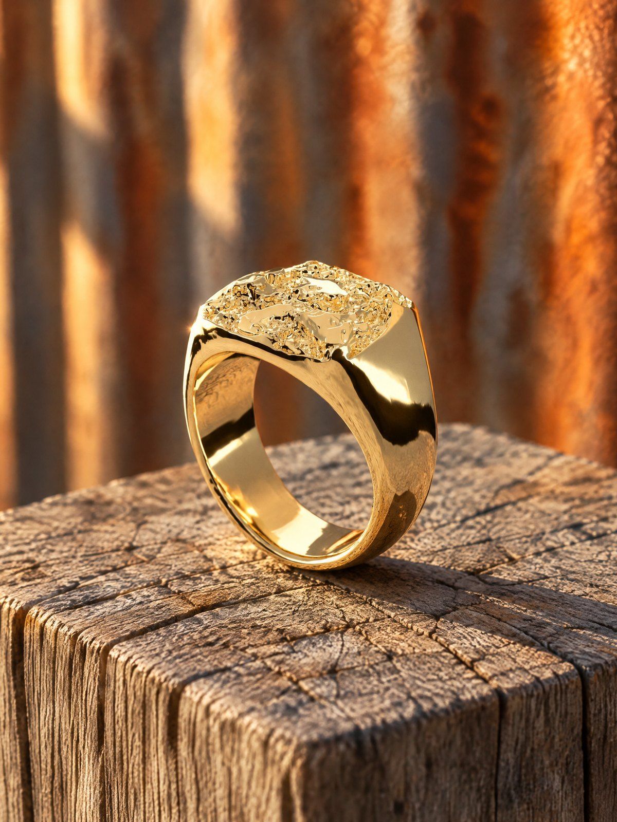 The Block No. 014 in solid 14K gold, still life on weathered stone and wood