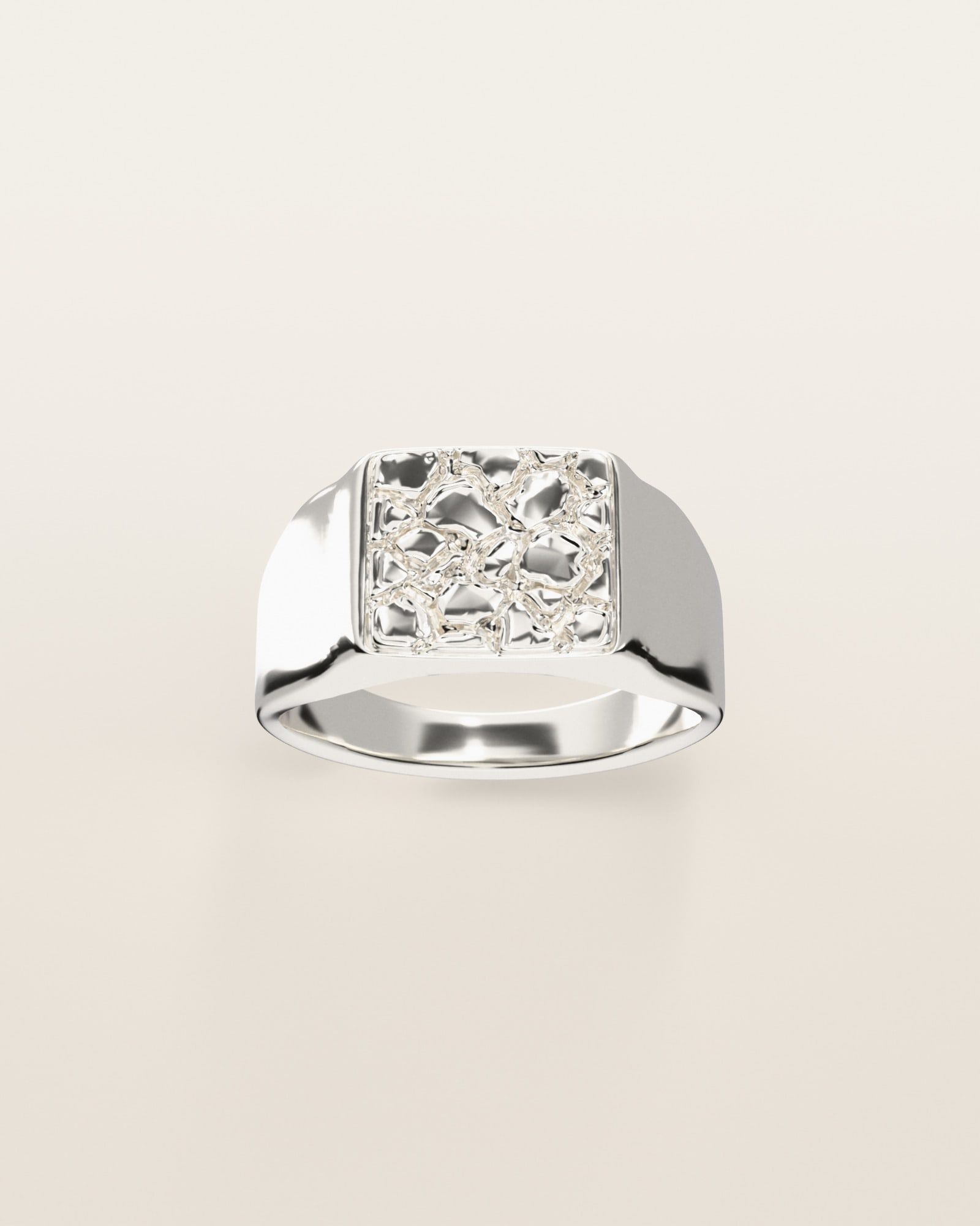 No. 409 Signet M nugget ring, the nugget pattern, face on, sterling silver, rendered from the production 3D file