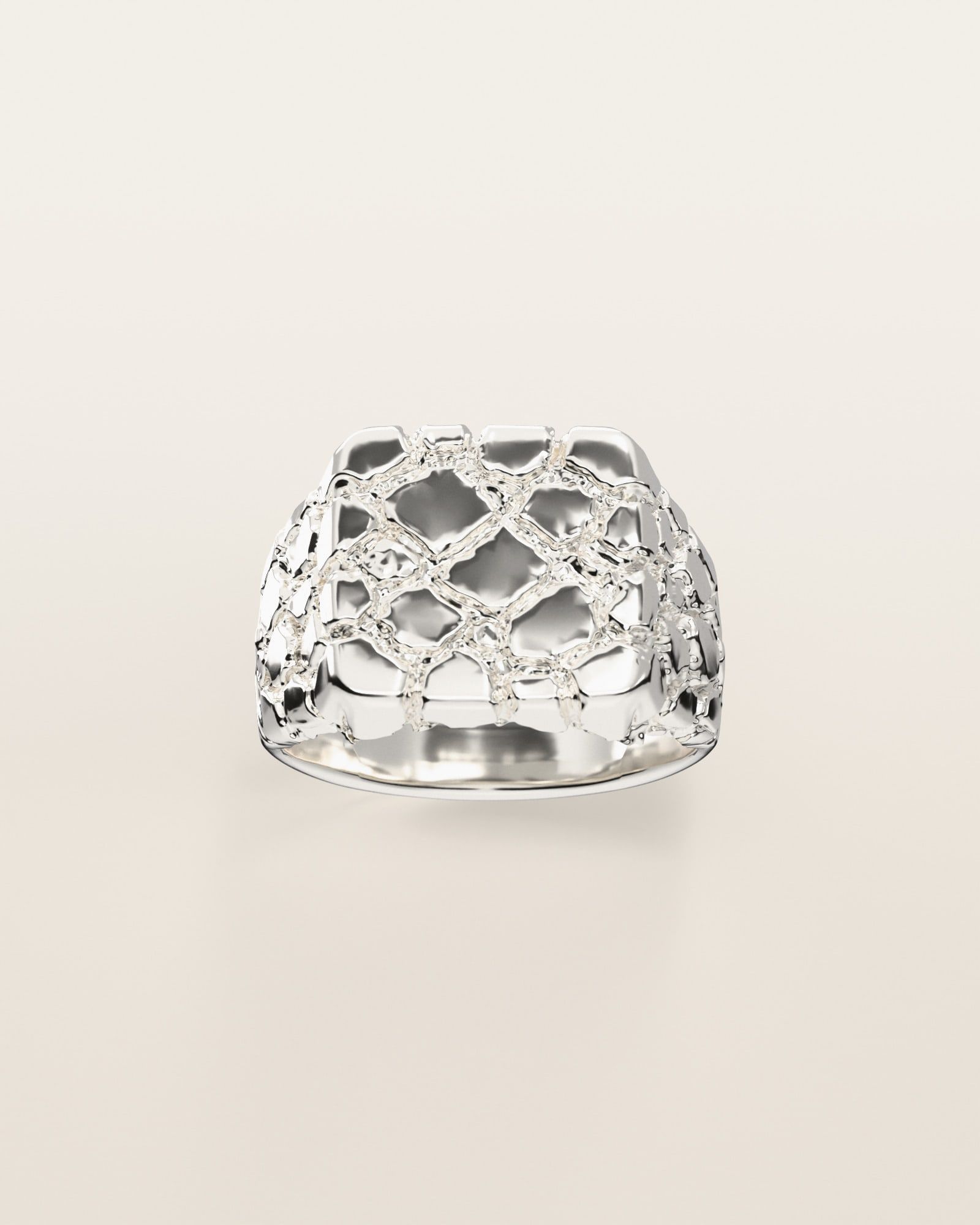 No. 408 Statement XL nugget ring, the nugget pattern, face on, sterling silver, rendered from the production 3D file