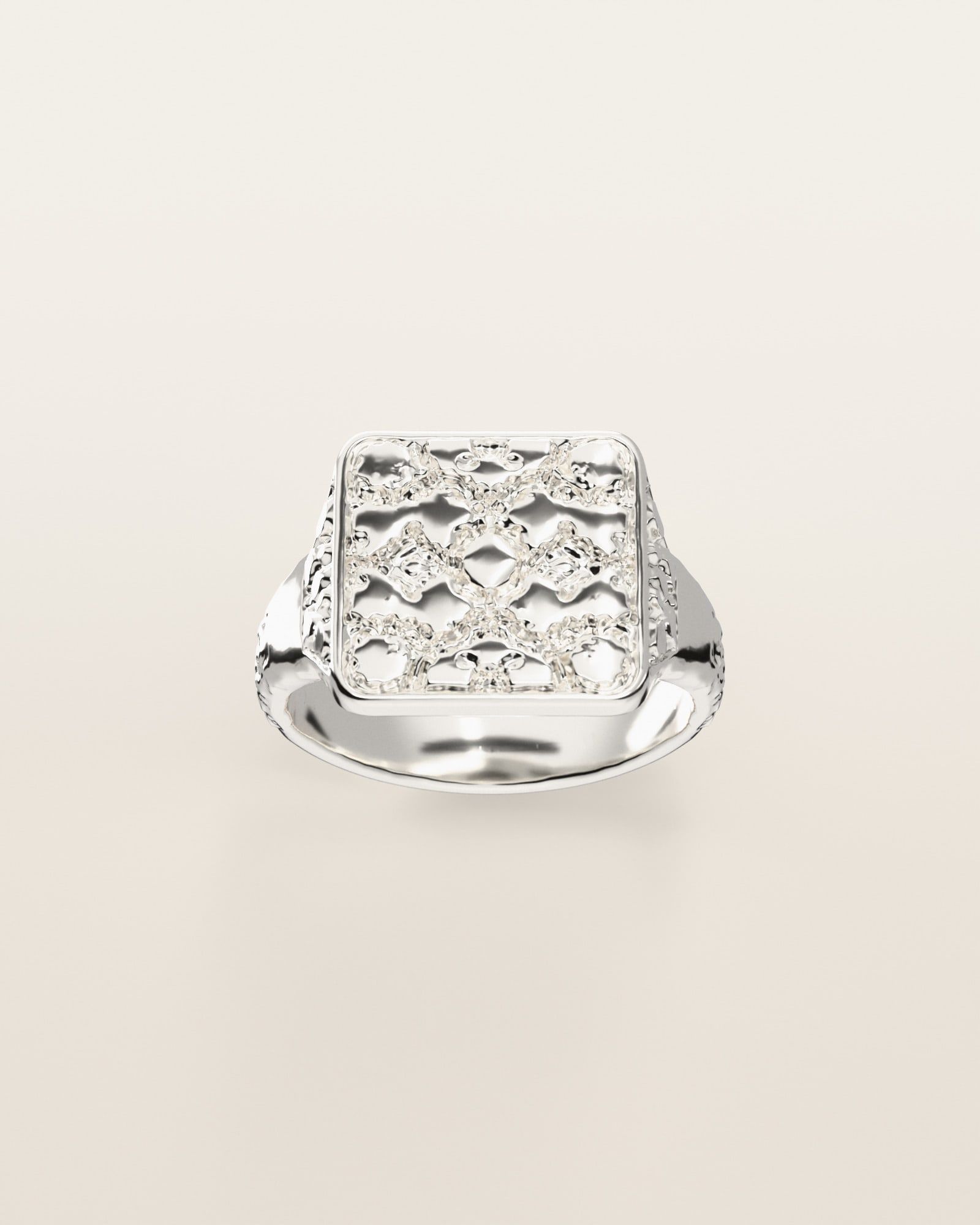 No. 432 Signet L nugget ring, the nugget pattern, face on, sterling silver, rendered from the production 3D file