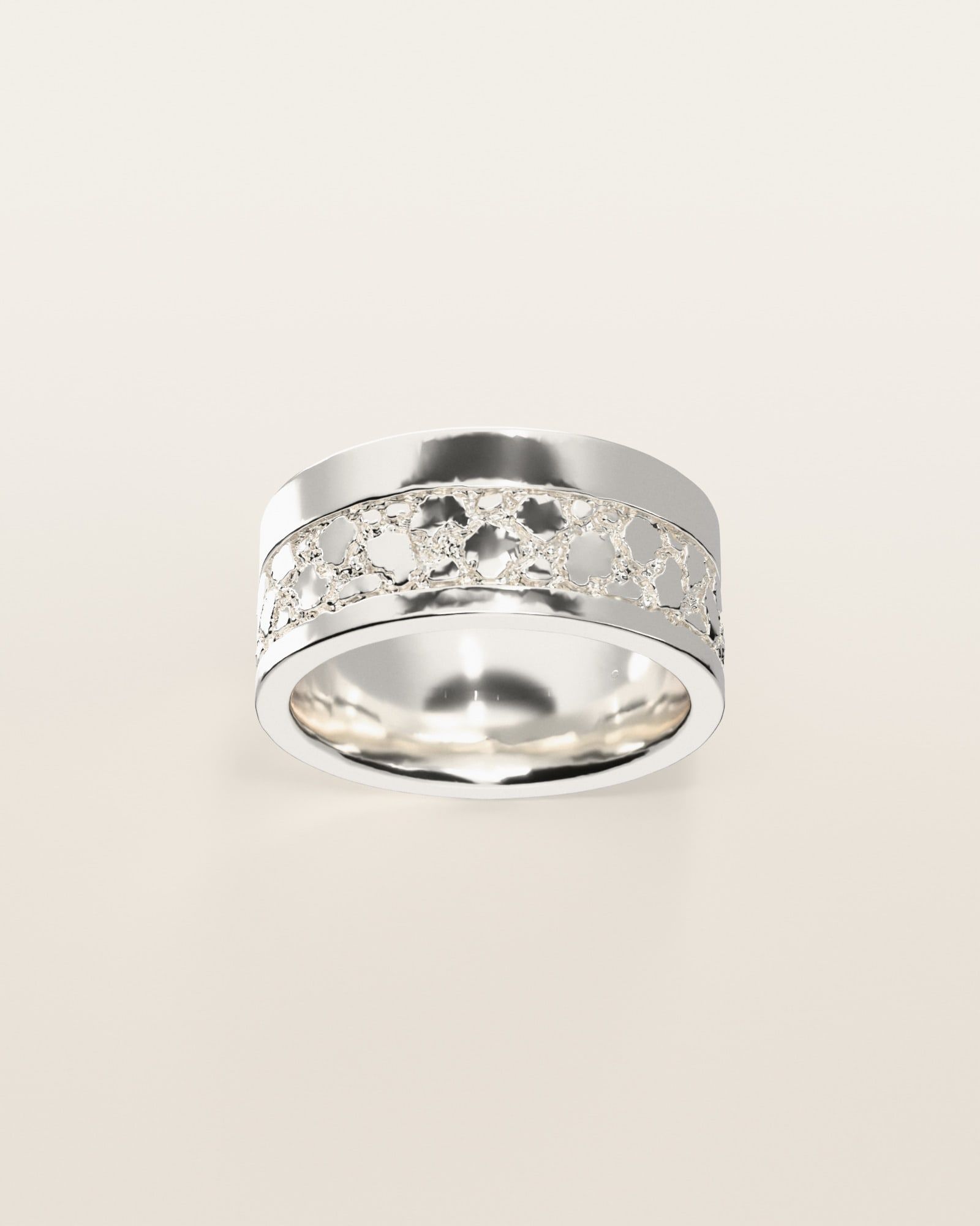 No. 532 Rail nugget ring, the nugget pattern, face on, sterling silver, rendered from the production 3D file