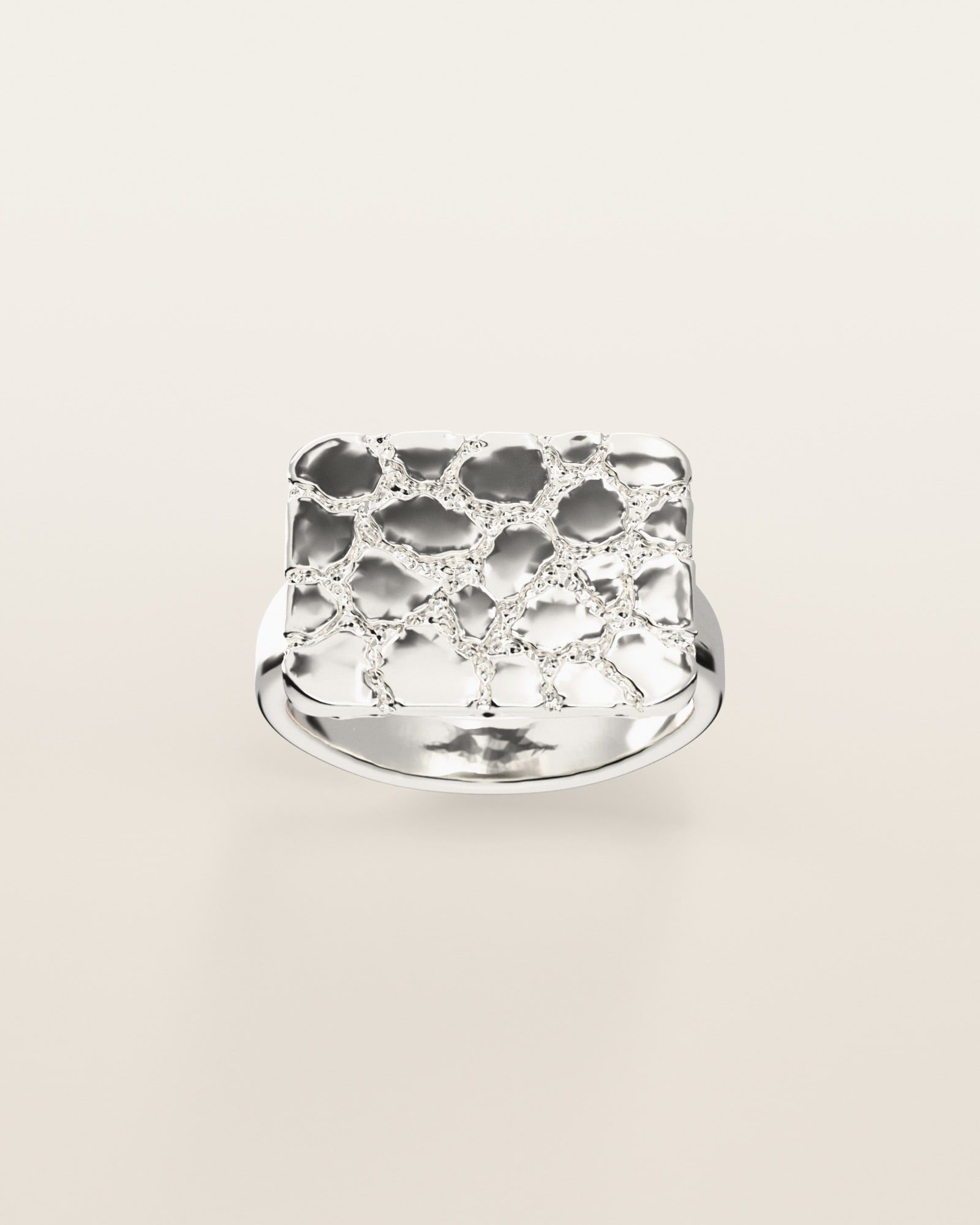 No. 433 Wide Face nugget ring, the nugget pattern, face on, sterling silver, rendered from the production 3D file