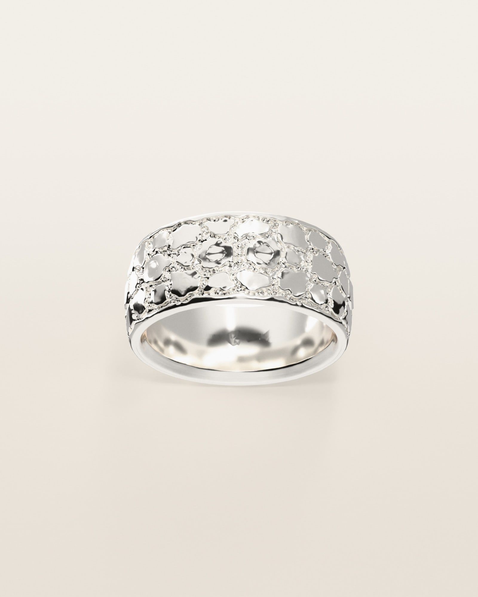 No. 443 Nugget Band 10 mm, the nugget pattern, face on, sterling silver, rendered from the production 3D file