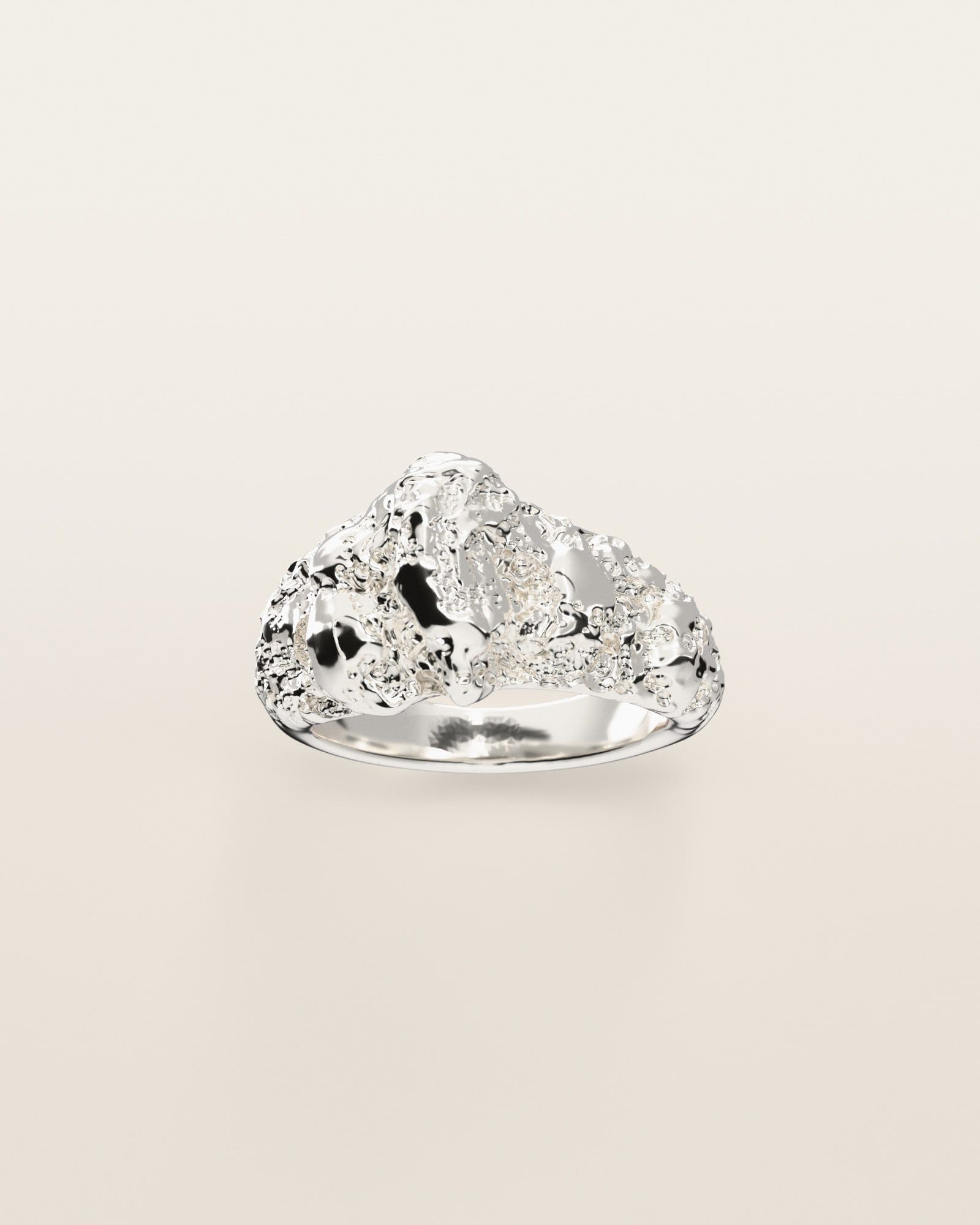 No. 063 Off-Center nugget ring, the nugget pattern, face on, sterling silver, rendered from the production 3D file