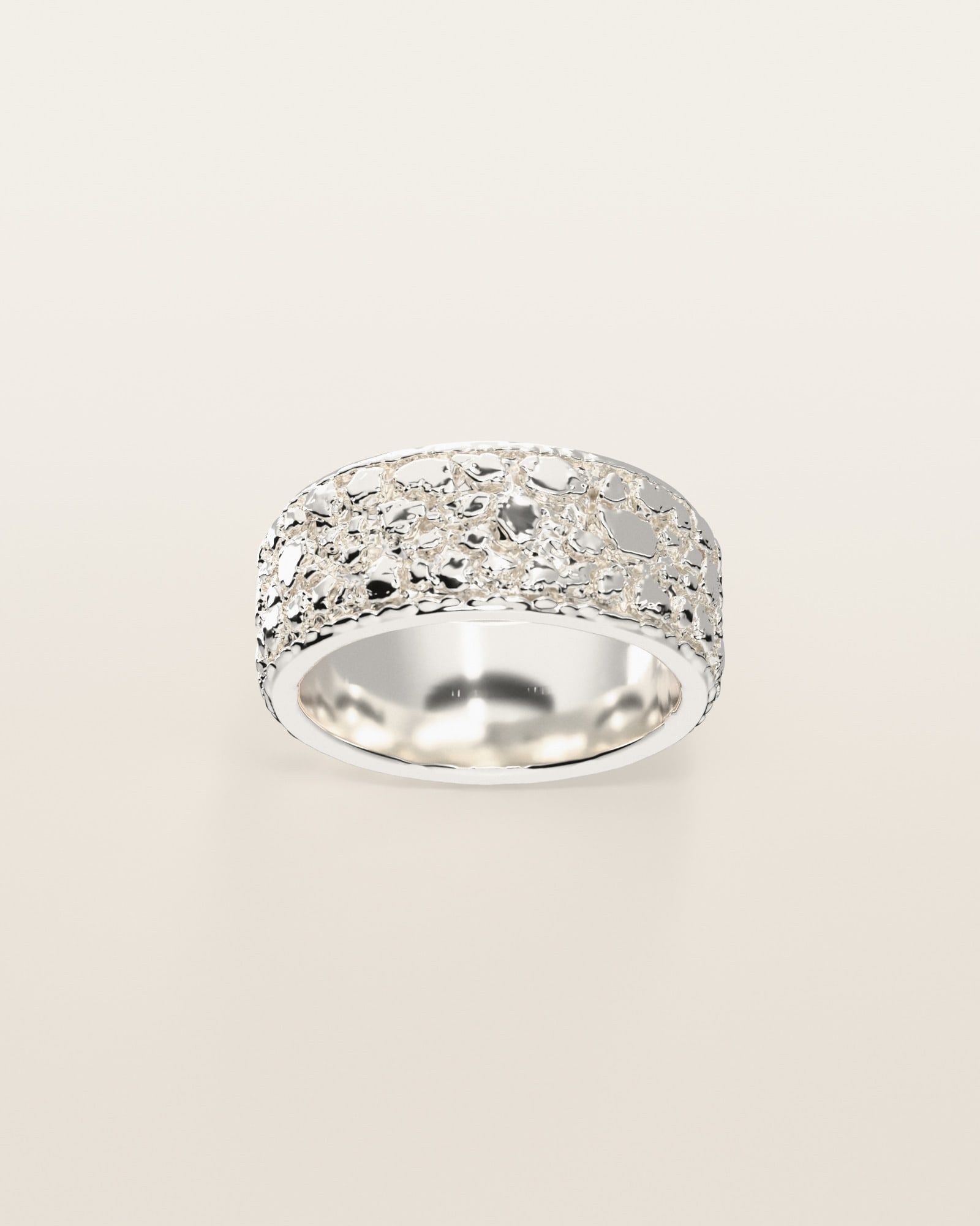 No. 508 Placer nugget ring, the nugget pattern, face on, sterling silver, rendered from the production 3D file