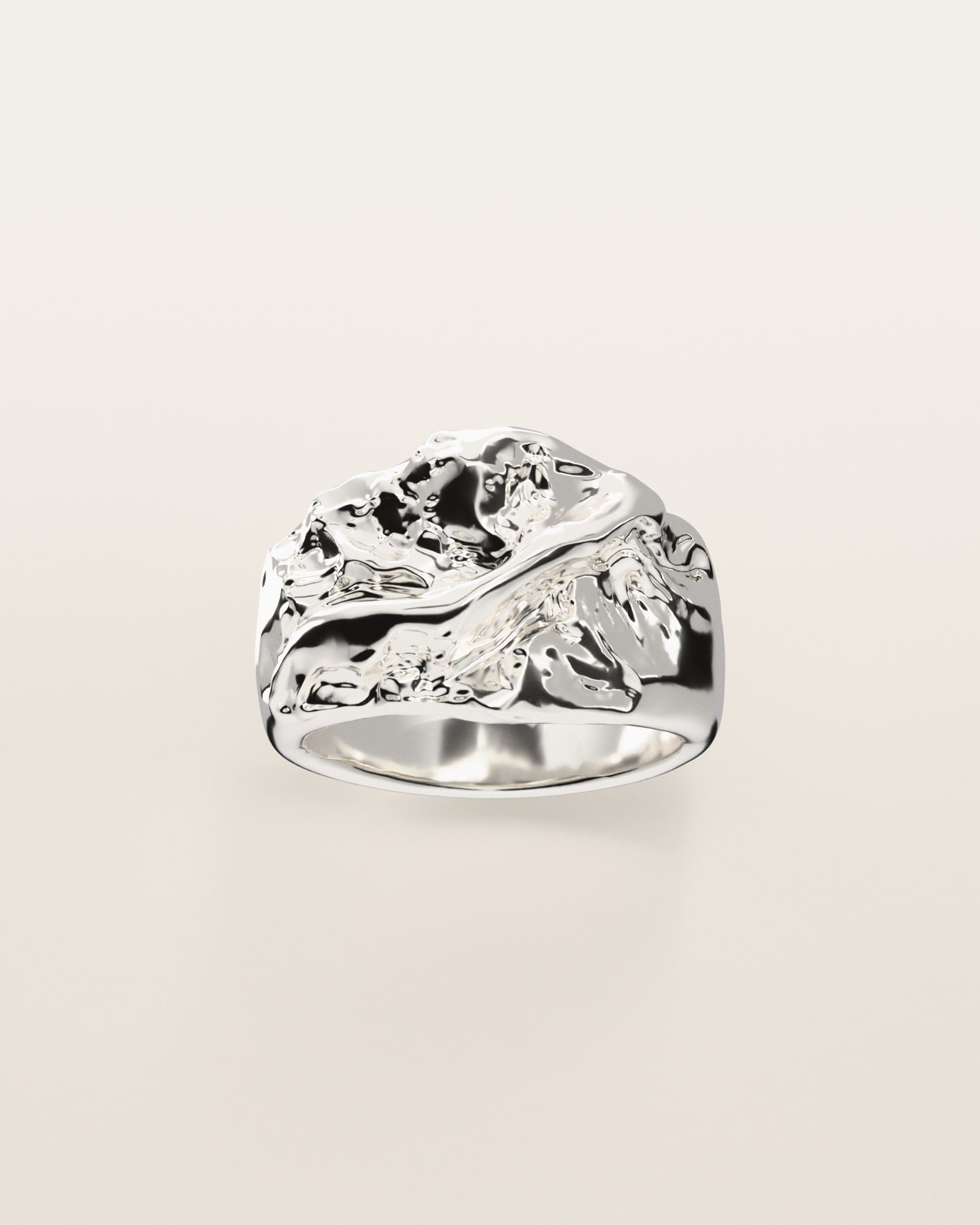 No. 008 Ridge nugget ring, the nugget pattern, face on, sterling silver, rendered from the production 3D file