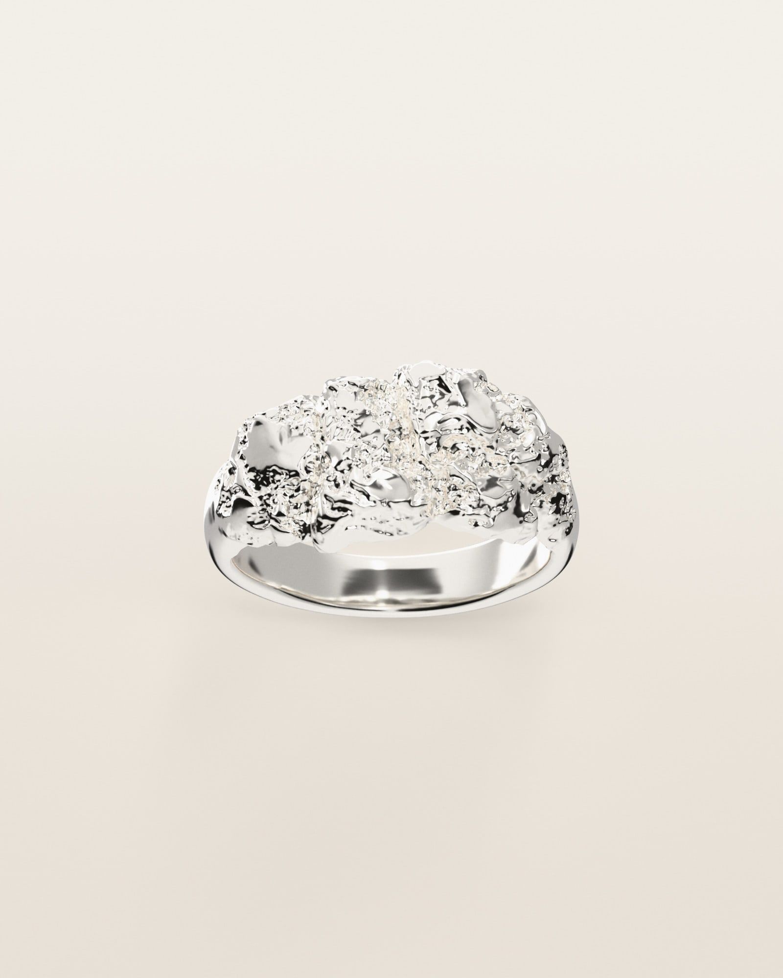 No. 001 Low & Wide nugget ring, the nugget pattern, face on, sterling silver, rendered from the production 3D file