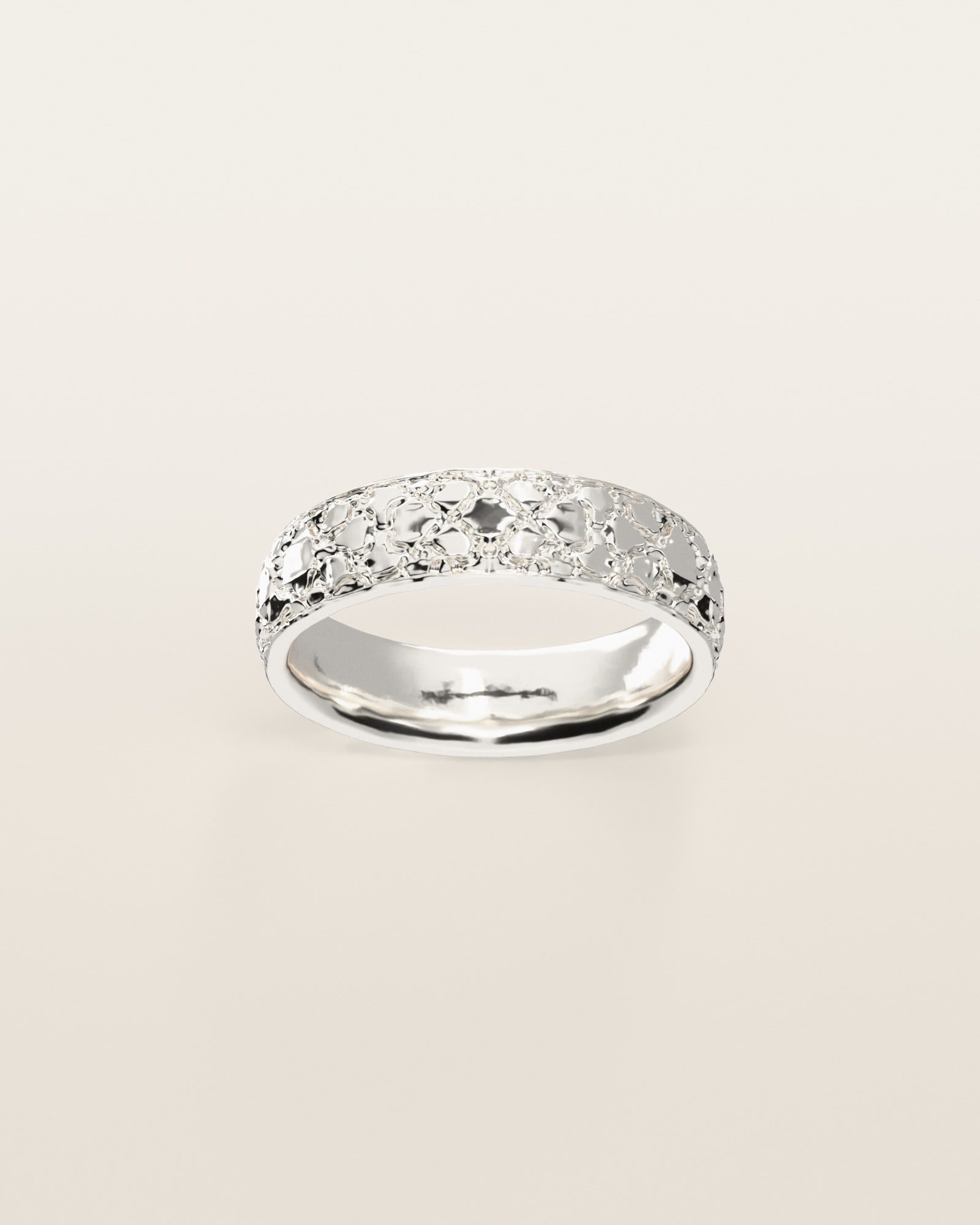 No. 441 Nugget Band 6 mm, the nugget pattern, face on, sterling silver, rendered from the production 3D file