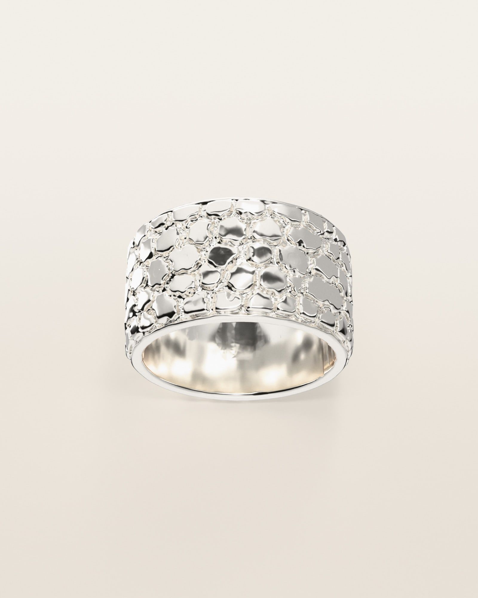 No. 447 Cigar Band nugget ring, the nugget pattern, face on, sterling silver, rendered from the production 3D file