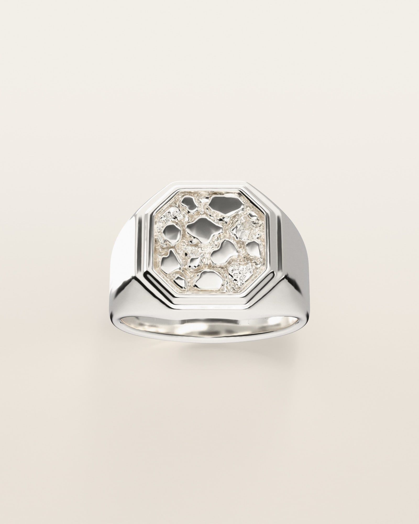 No. 531 Octagon nugget ring, the nugget pattern, face on, sterling silver, rendered from the production 3D file