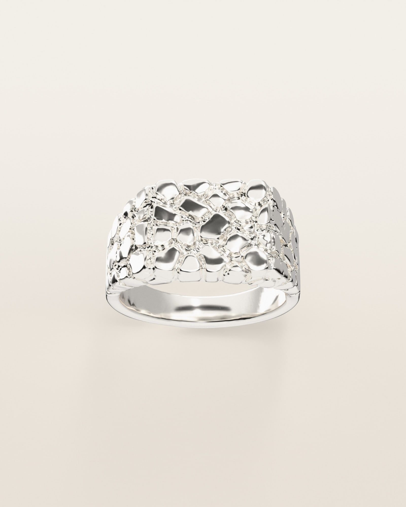No. 406 Wide Face nugget ring, the nugget pattern, face on, sterling silver, rendered from the production 3D file