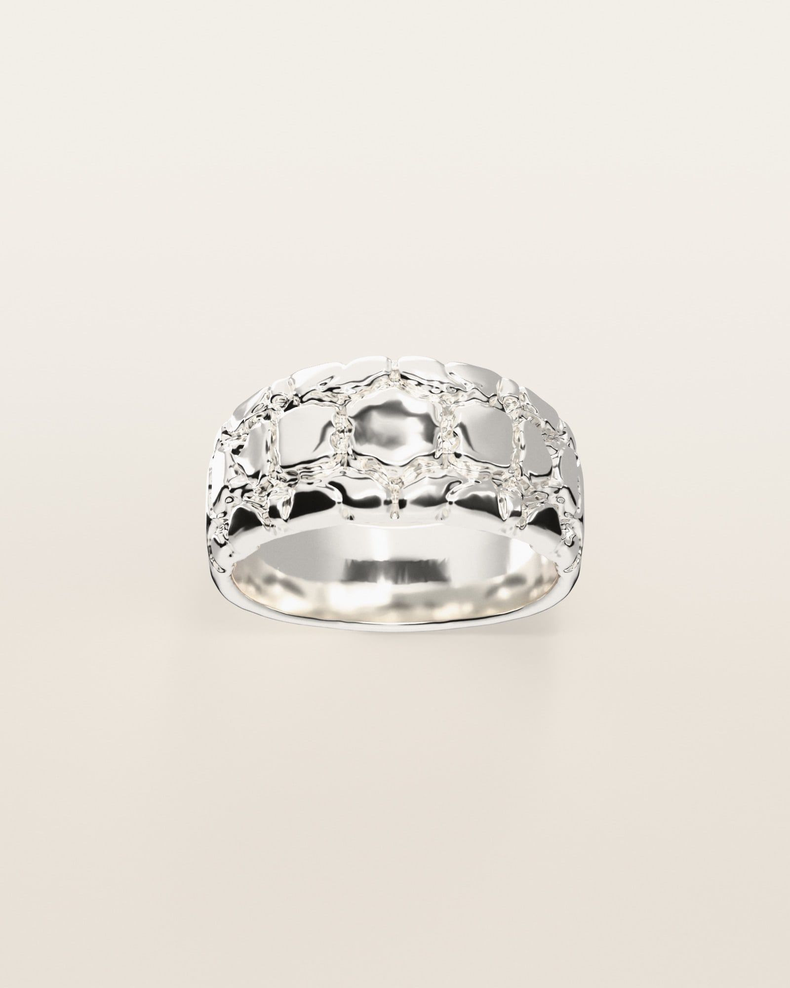 No. 507 Riverbed nugget ring, the nugget pattern, face on, sterling silver, rendered from the production 3D file