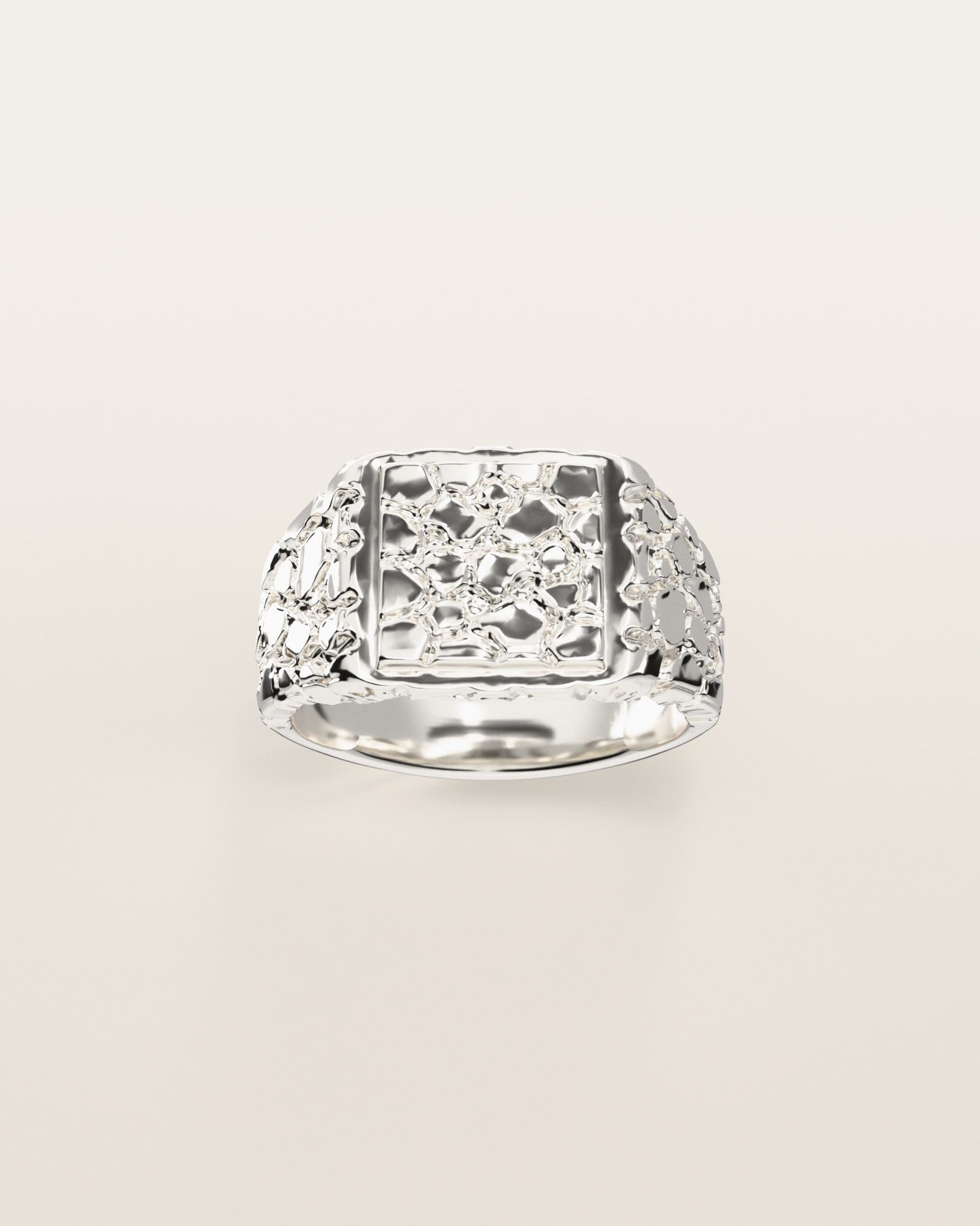 No. 402 Signet S nugget ring, the nugget pattern, face on, sterling silver, rendered from the production 3D file