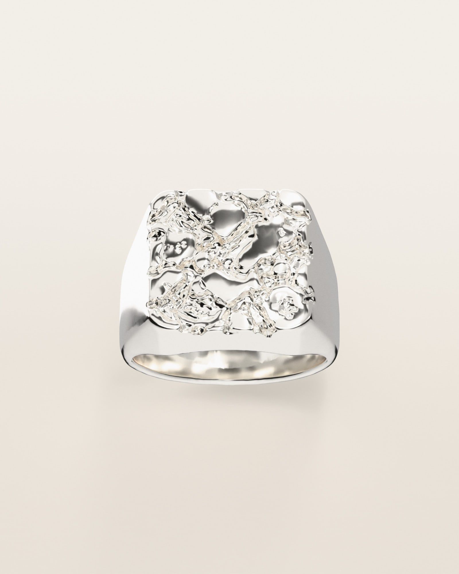 No. 502 Bullion nugget ring, the nugget pattern, face on, sterling silver, rendered from the production 3D file