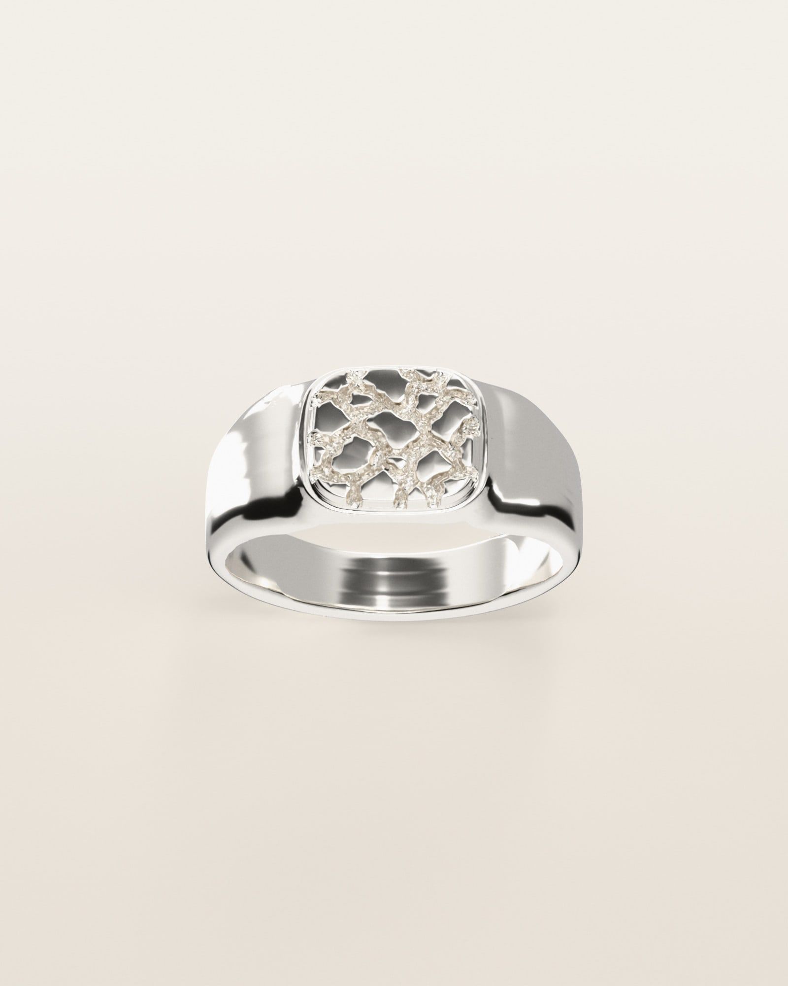 No. 405 Pinky nugget ring, the nugget pattern, face on, sterling silver, rendered from the production 3D file