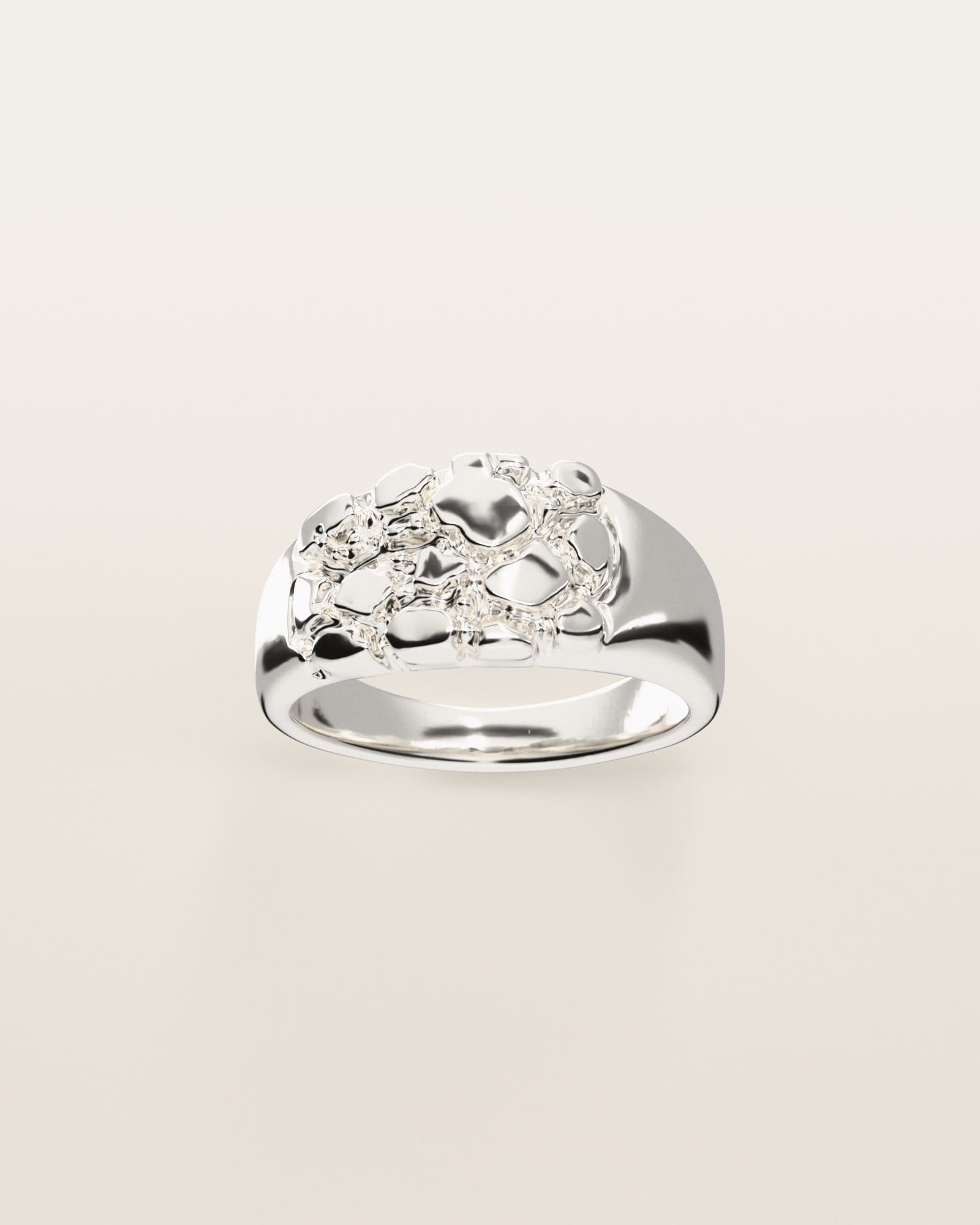 No. 513 Offset nugget ring, the nugget pattern, face on, sterling silver, rendered from the production 3D file