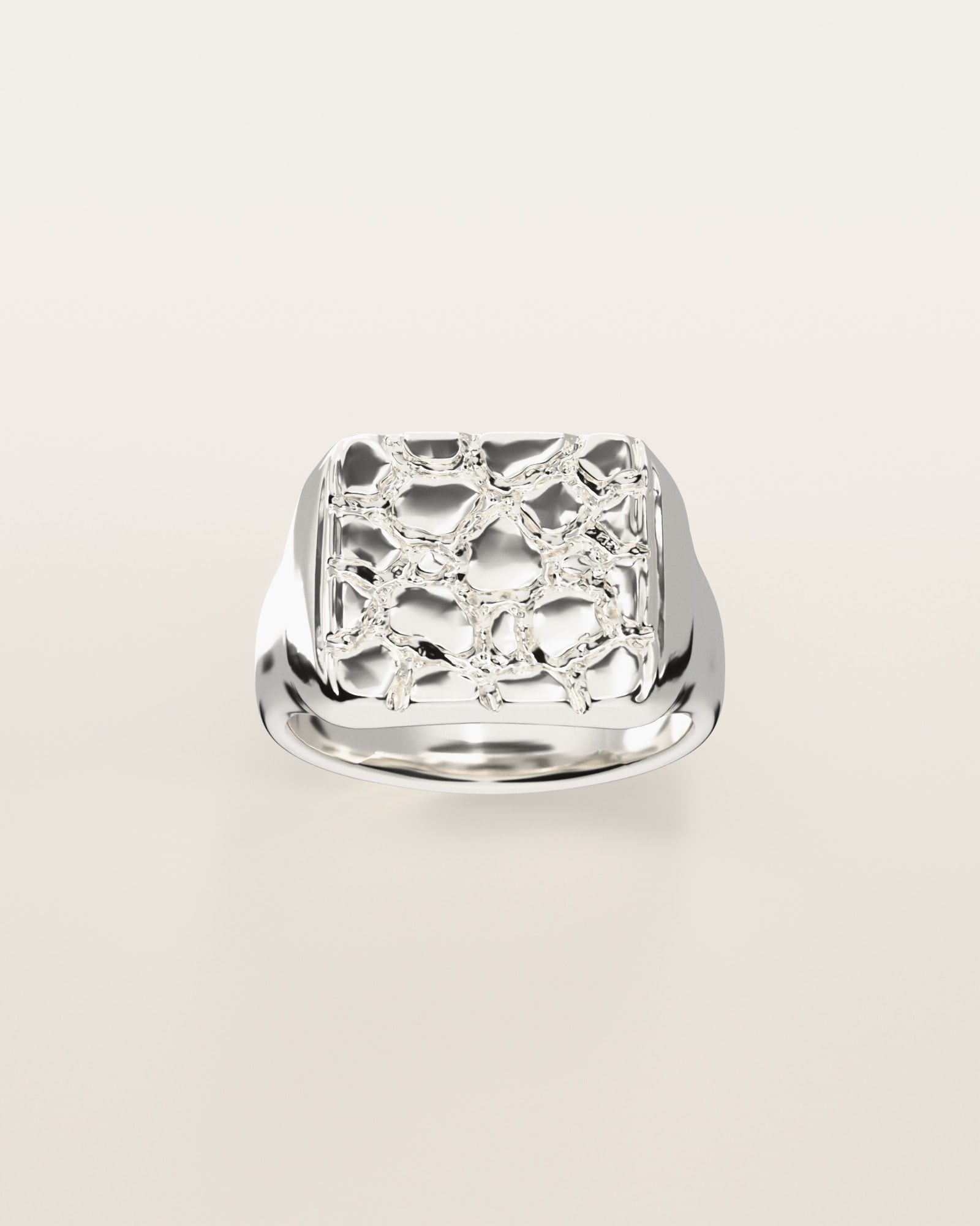 No. 401 Signet L nugget ring, the nugget pattern, face on, sterling silver, rendered from the production 3D file