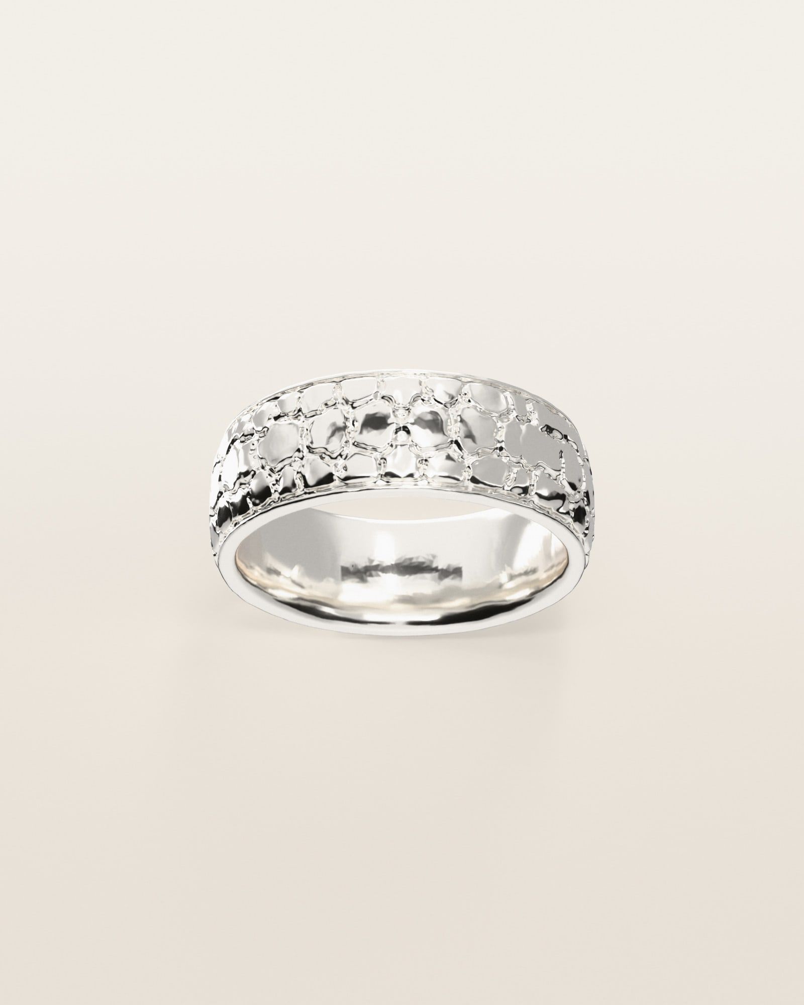 No. 442 Nugget Band 8 mm, the nugget pattern, face on, sterling silver, rendered from the production 3D file