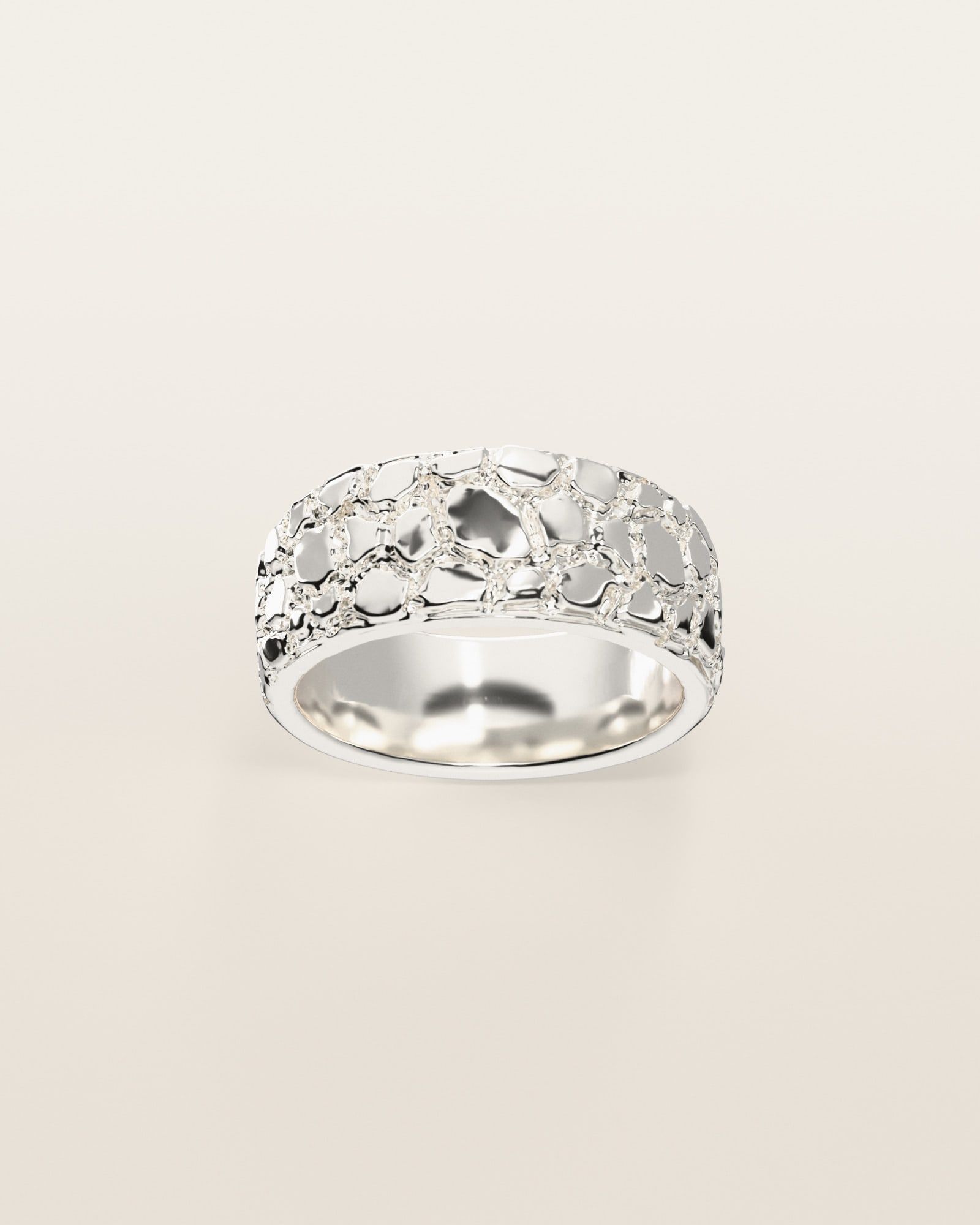 No. 514 Spill nugget ring, the nugget pattern, face on, sterling silver, rendered from the production 3D file
