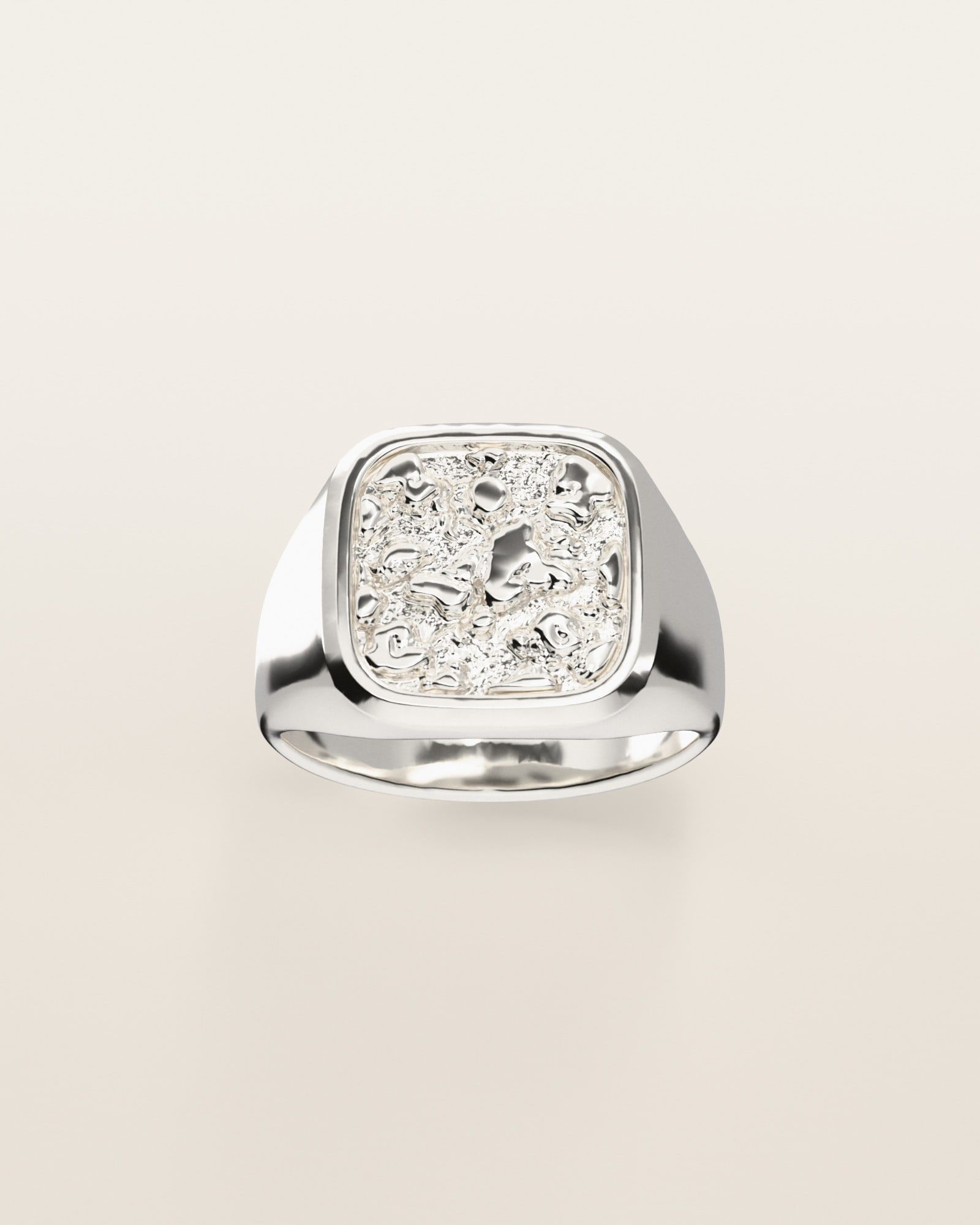 No. 101 Tablet nugget ring, the nugget pattern, face on, sterling silver, rendered from the production 3D file