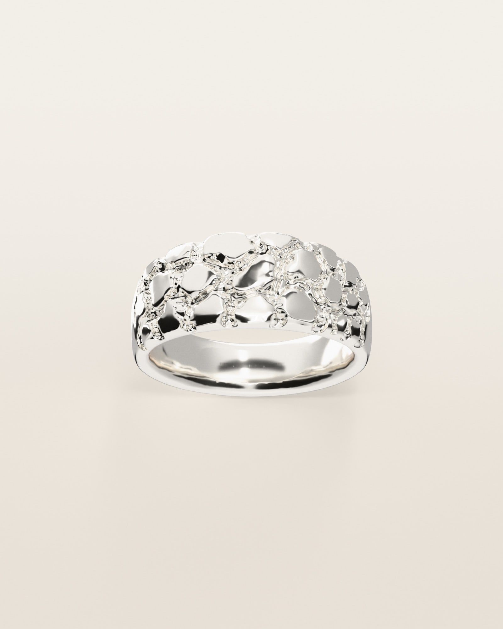 No. 102 Drift nugget ring, the nugget pattern, face on, sterling silver, rendered from the production 3D file