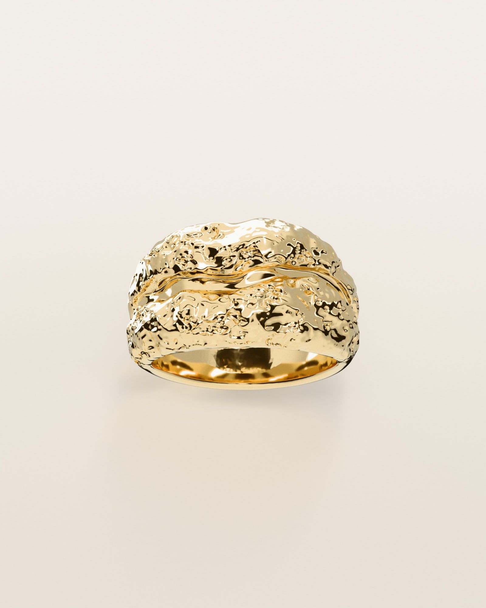 No. 011 Channel nugget ring, the nugget pattern, face on, 14K yellow gold, rendered from the production 3D file