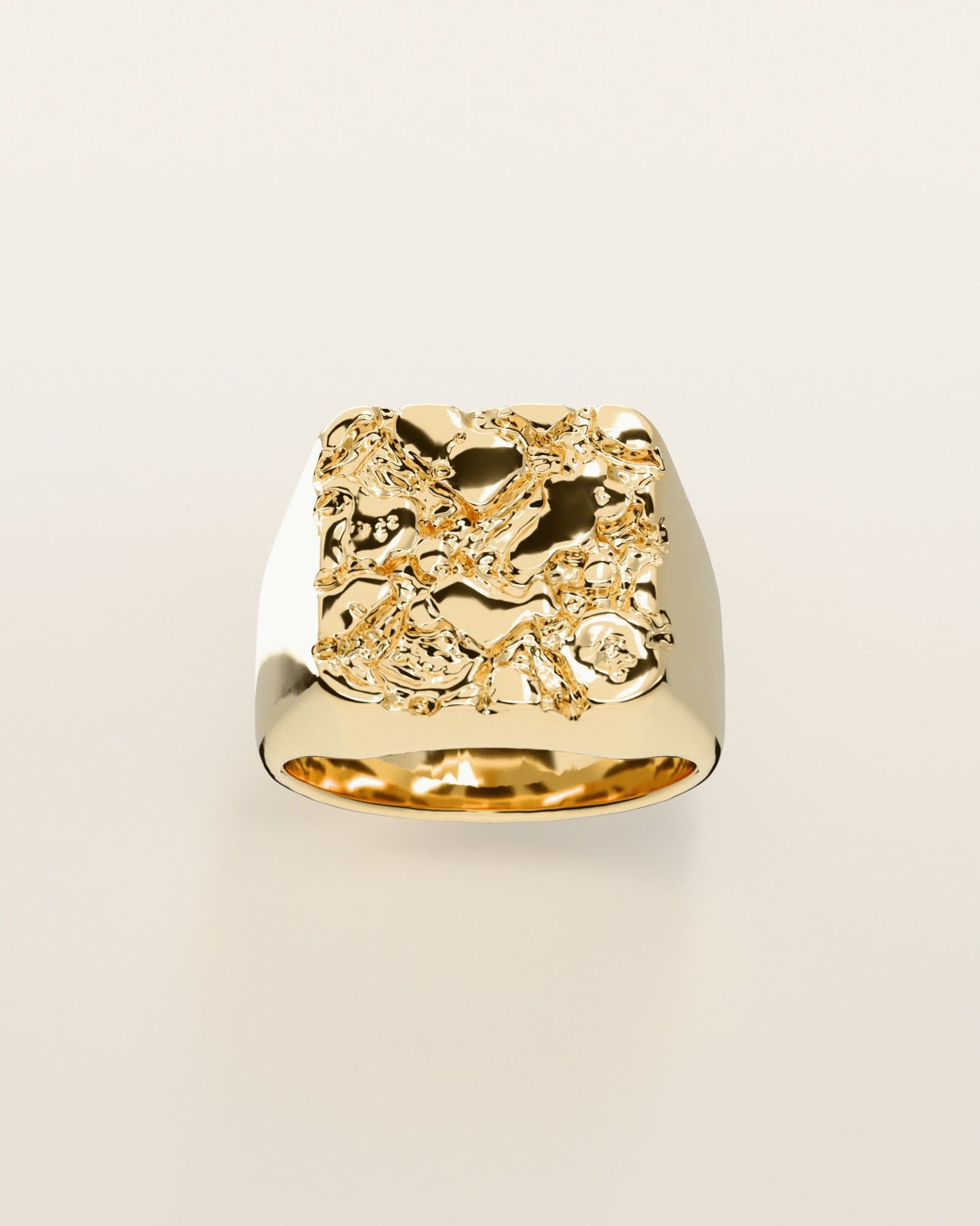 No. 502 Bullion nugget ring, the nugget pattern, face on, 14K yellow gold, rendered from the production 3D file
