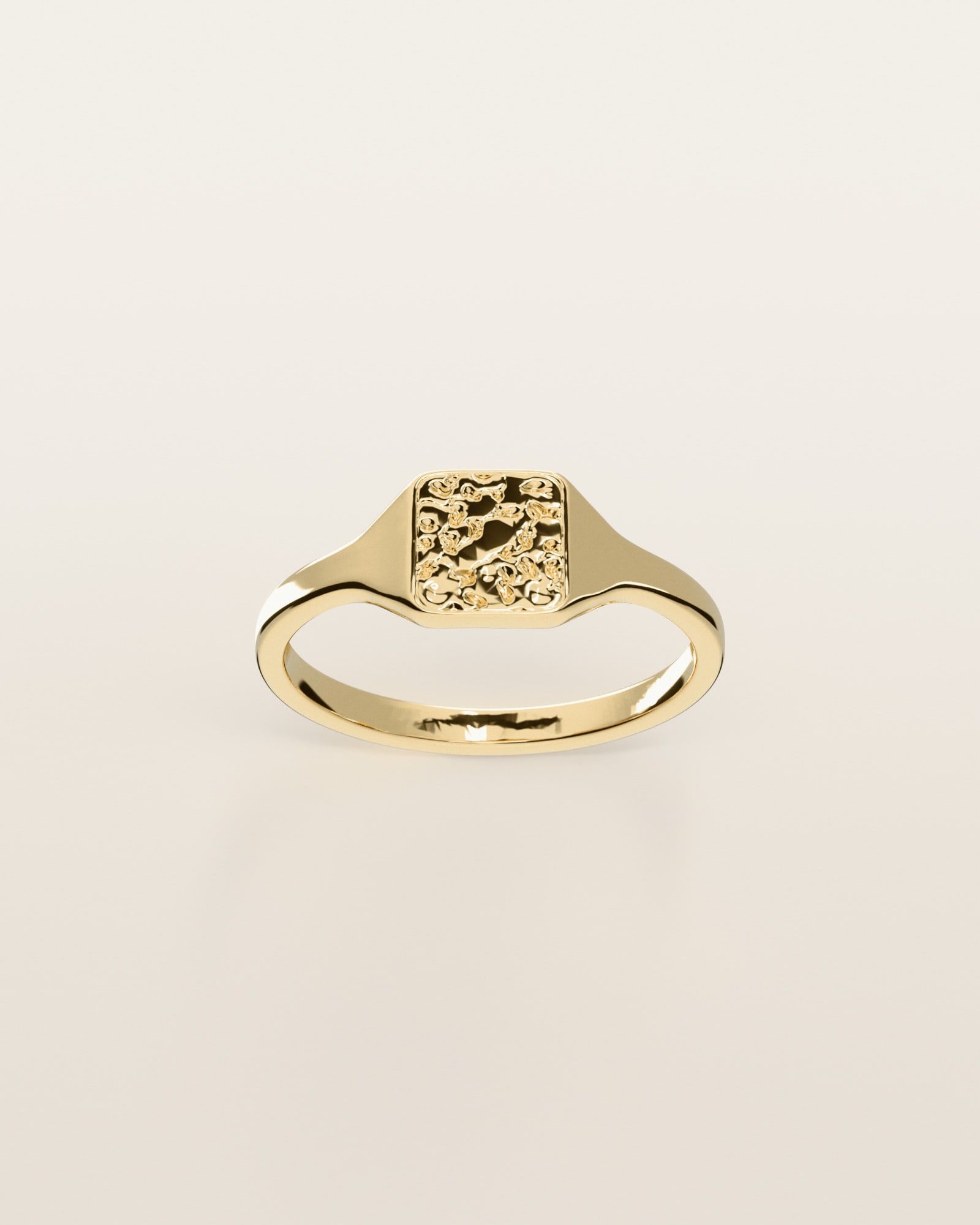 No. 446 Signet XS nugget ring, the nugget pattern, face on, 14K yellow gold, rendered from the production 3D file