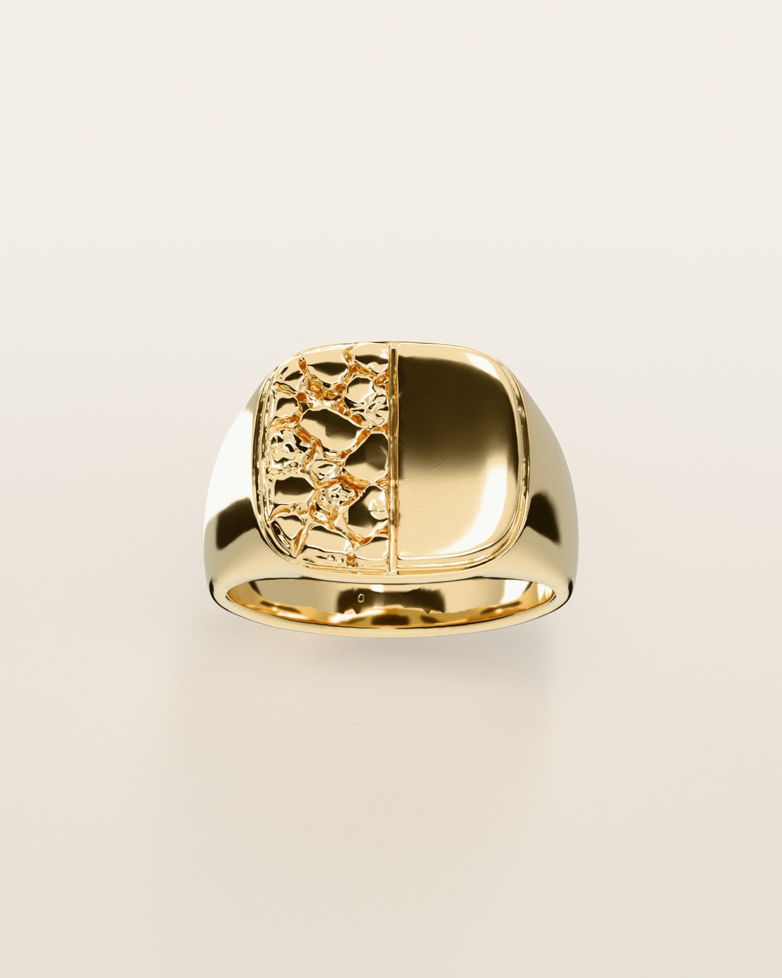 No. 520 Meridian nugget ring, the nugget pattern, face on, 14K yellow gold, rendered from the production 3D file