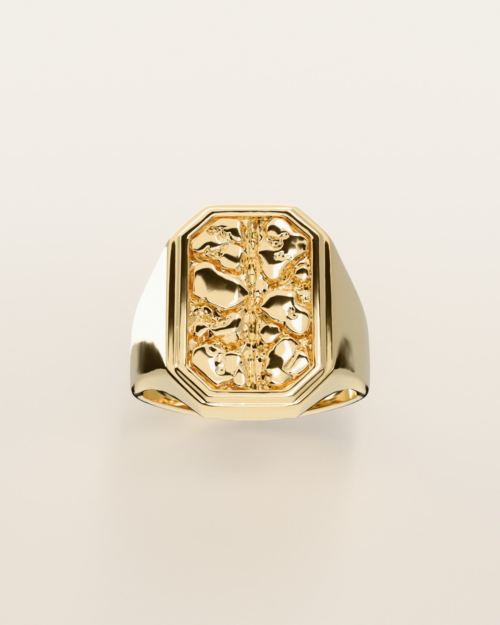 No. 504 Monolith nugget ring, the nugget pattern, face on, 14K yellow gold, rendered from the production 3D file