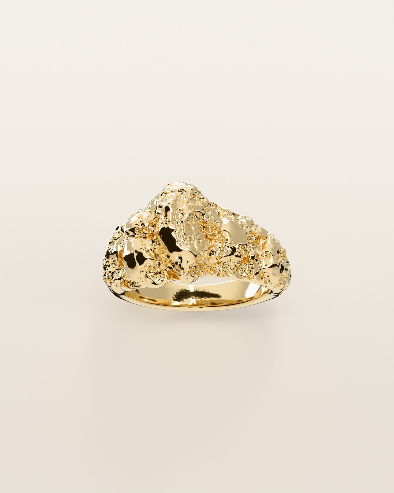 No. 063 Off-Center nugget ring, the nugget pattern, face on, 14K yellow gold, rendered from the production 3D file