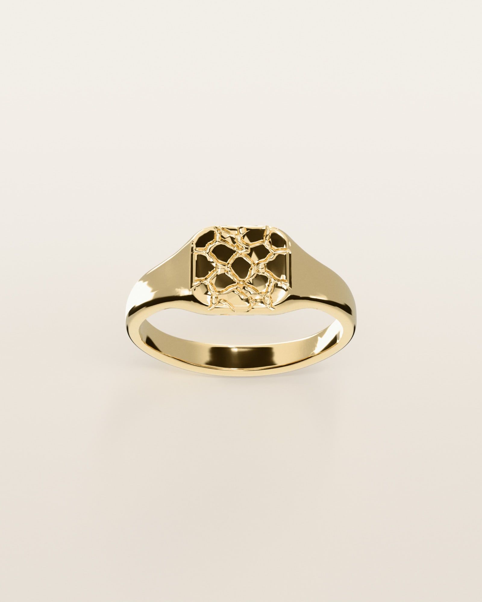 No. 445 Pinky nugget ring, the nugget pattern, face on, 14K yellow gold, rendered from the production 3D file