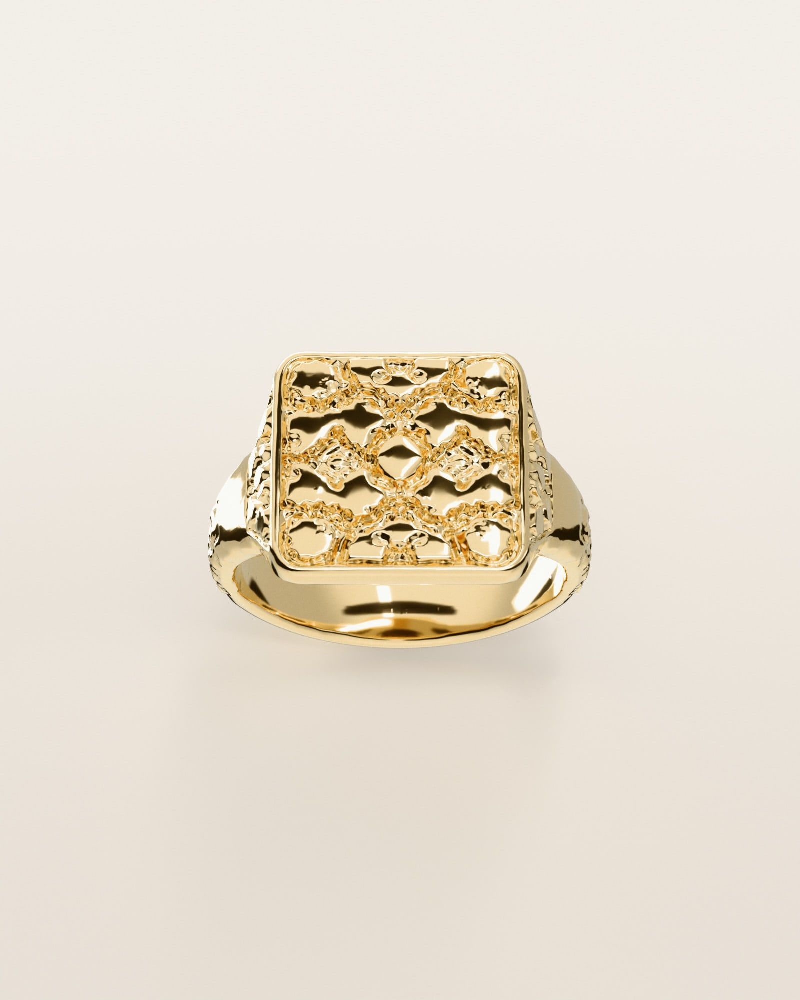 No. 432 Signet L nugget ring, the nugget pattern, face on, 14K yellow gold, rendered from the production 3D file